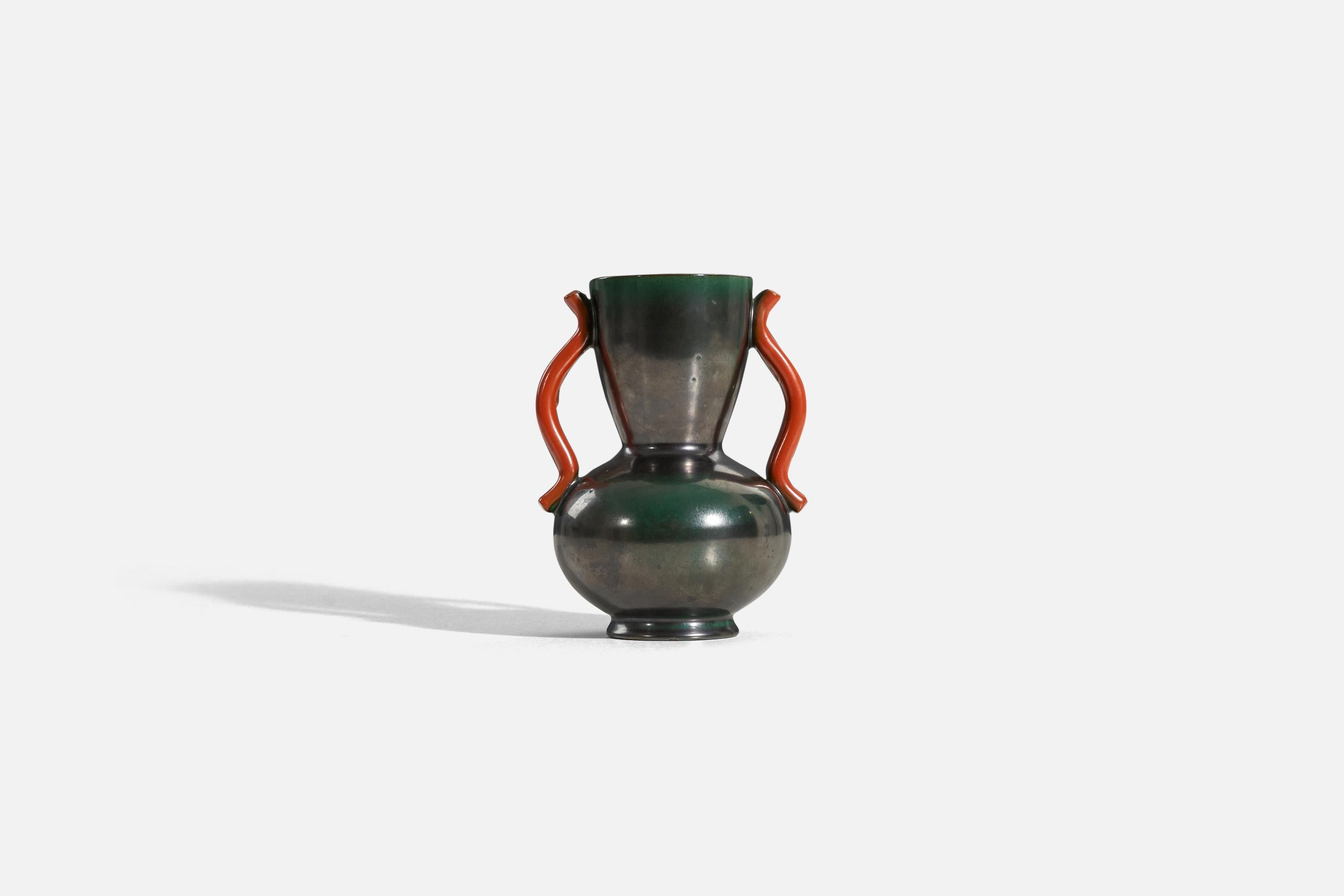 A green, brown and orange, glazed earthenware vase designed by Anna-Lisa Thomson and produced by Upsala-Ekeby, Sweden, 1940s. 

