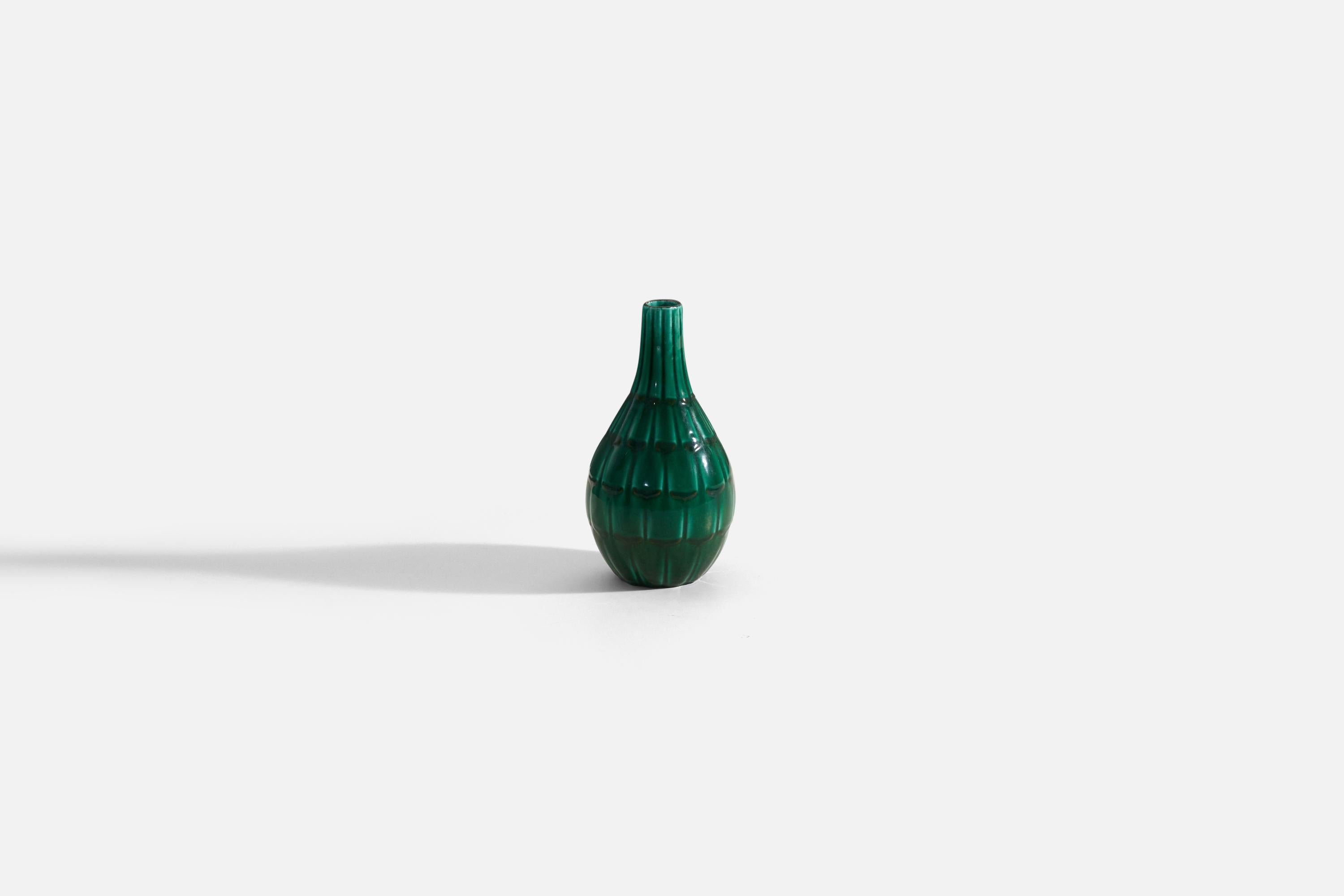 An early modernist, green-glazed earthenware vase designed by Anna-Lisa Thomson, for Upsala-Ekeby, Sweden, 1940s. Signed to underside. 

.
