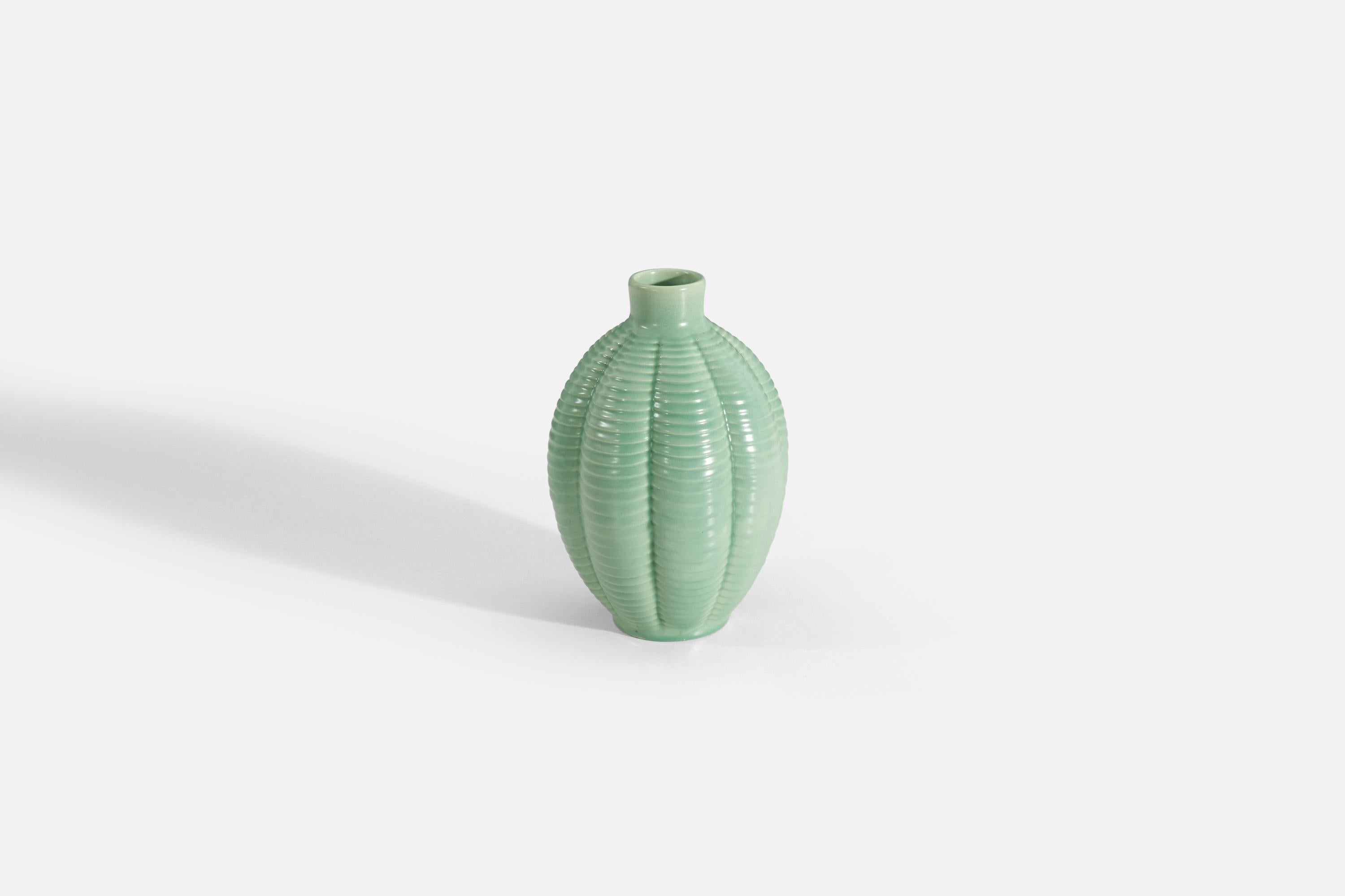 A green-glazed earthenware vase designed by Anna-Lisa Thomson, for Upsala-Ekeby, Sweden, 1940s.
 