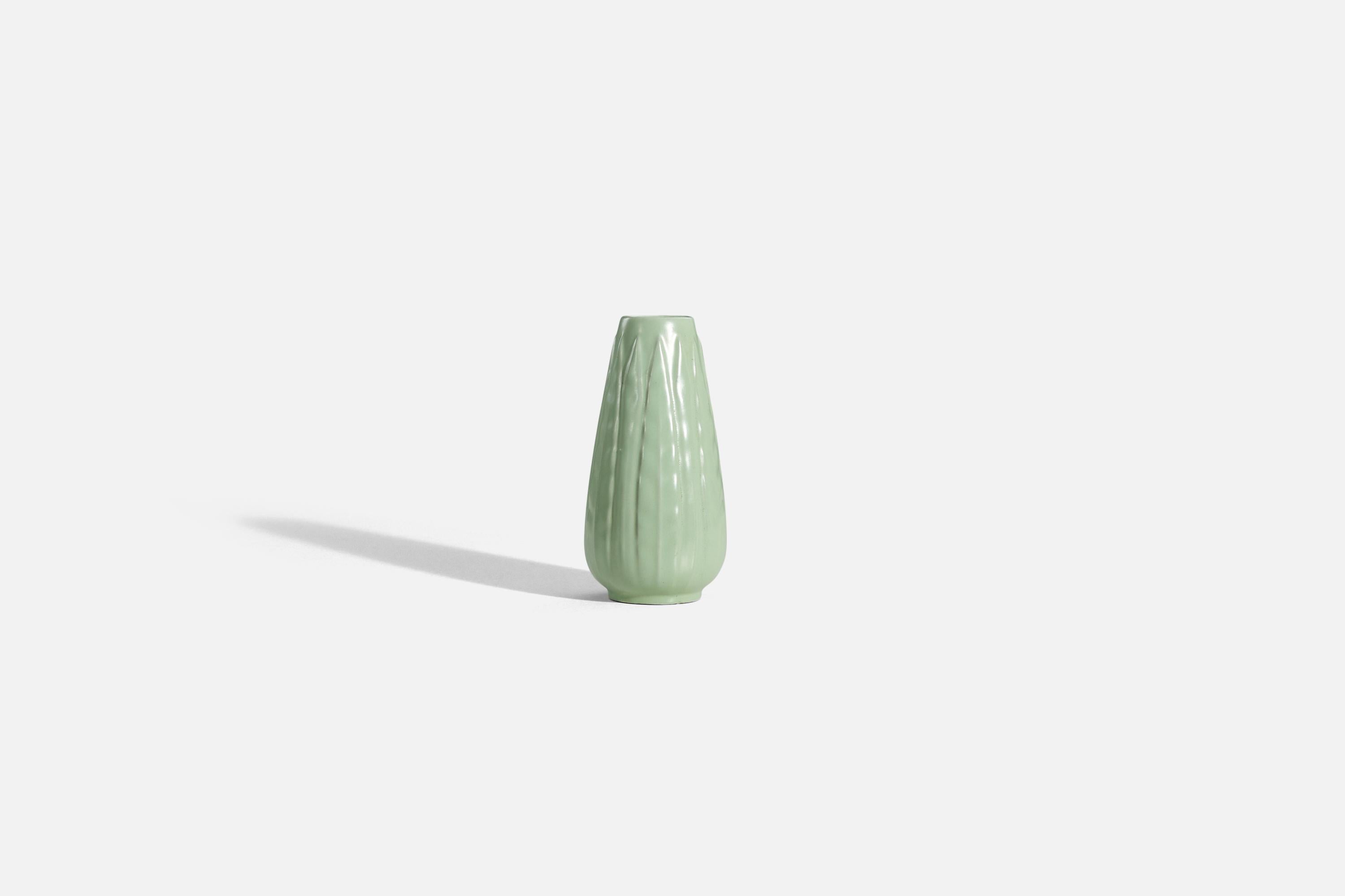 A green-glazed earthenware vase designed by Anna-Lisa Thomson and produced by Upsala-Ekeby, Sweden, 1940s.
 