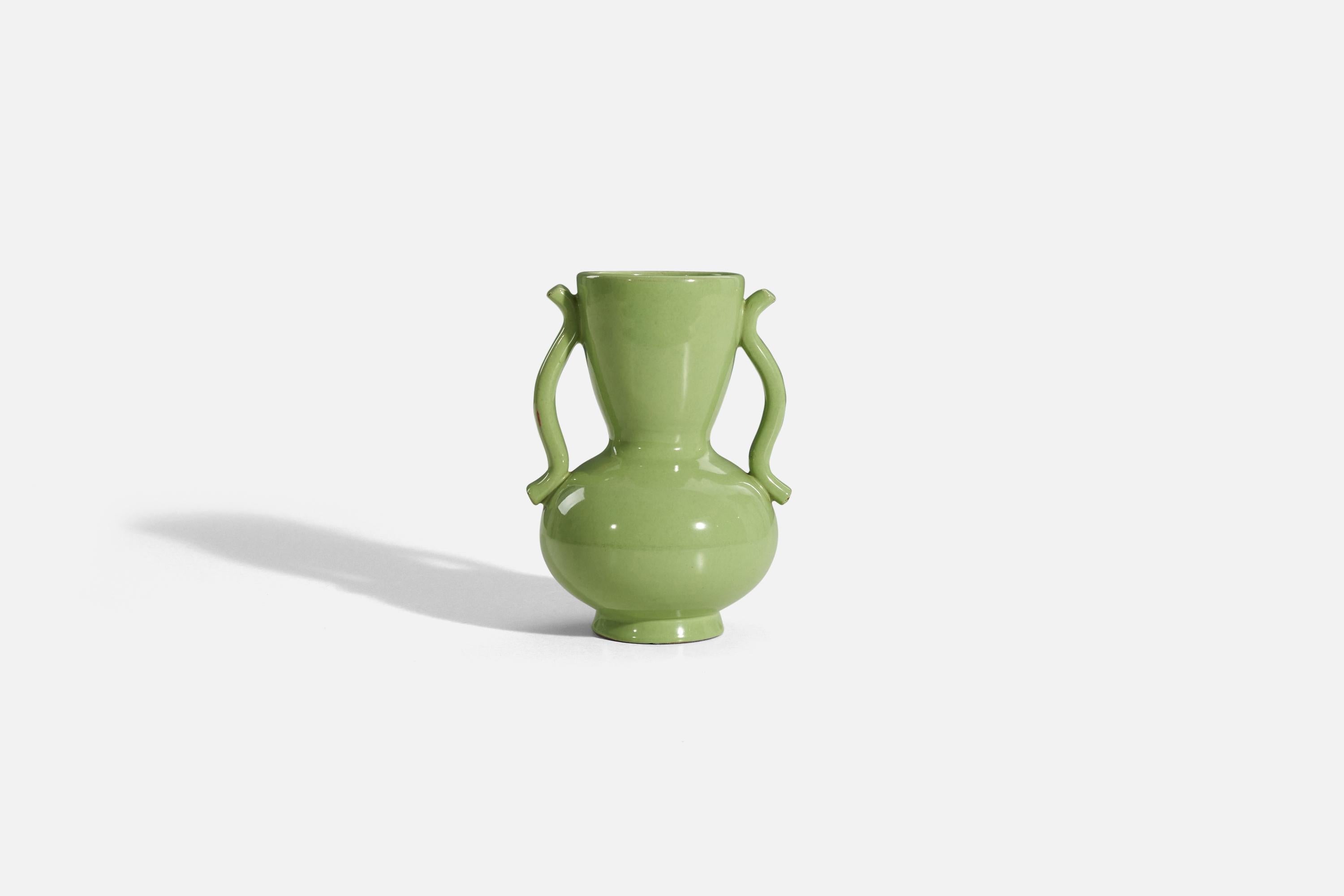 A green-glazed earthenware vase designed by Anna-Lisa Thomson and produced by Upsala-Ekeby, Sweden, 1940s. 

