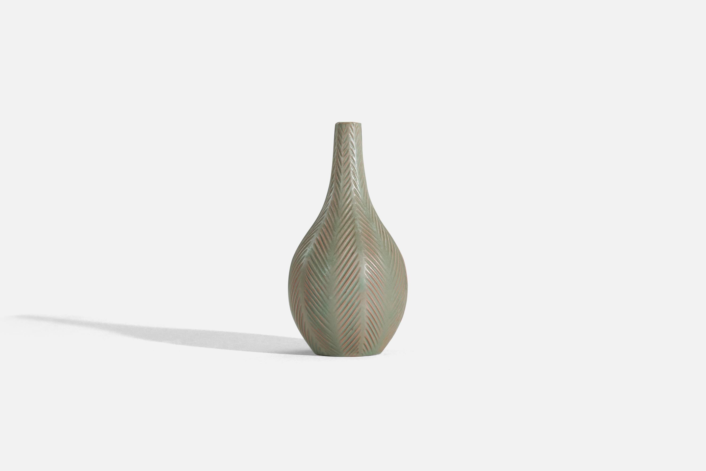 A green-glazed earthenware vase designed by Anna-Lisa Thomson and produced by Upsala-Ekeby, Sweden, 1940s. 
.