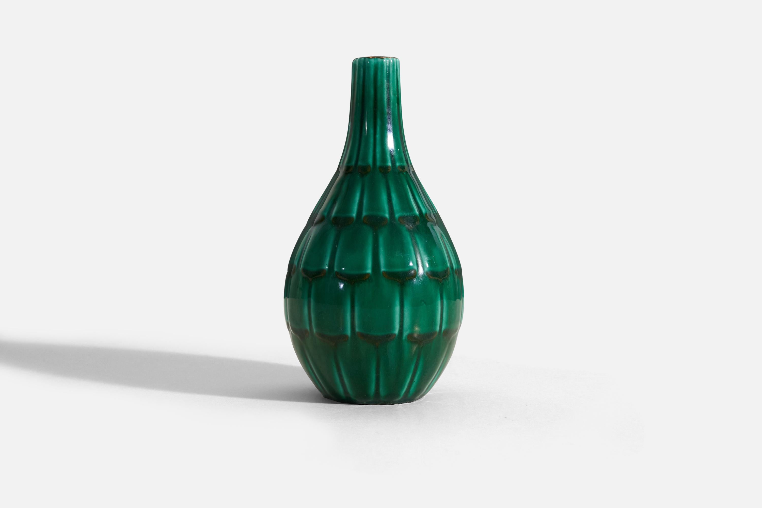 Organic Modern Anna-Lisa Thomson, Vase, Green-Glazed Earthenware, Upsala-Ekeby Sweden 1940s For Sale