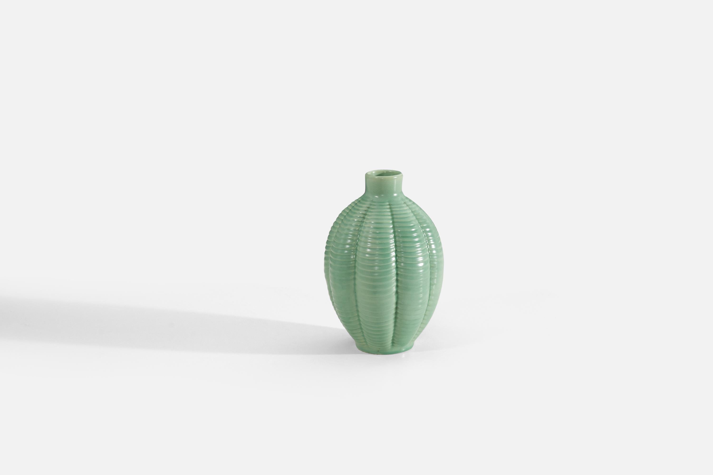 Organic Modern Anna-Lisa Thomson, Vase, Green-Glazed Earthenware, Upsala-Ekeby Sweden 1940s