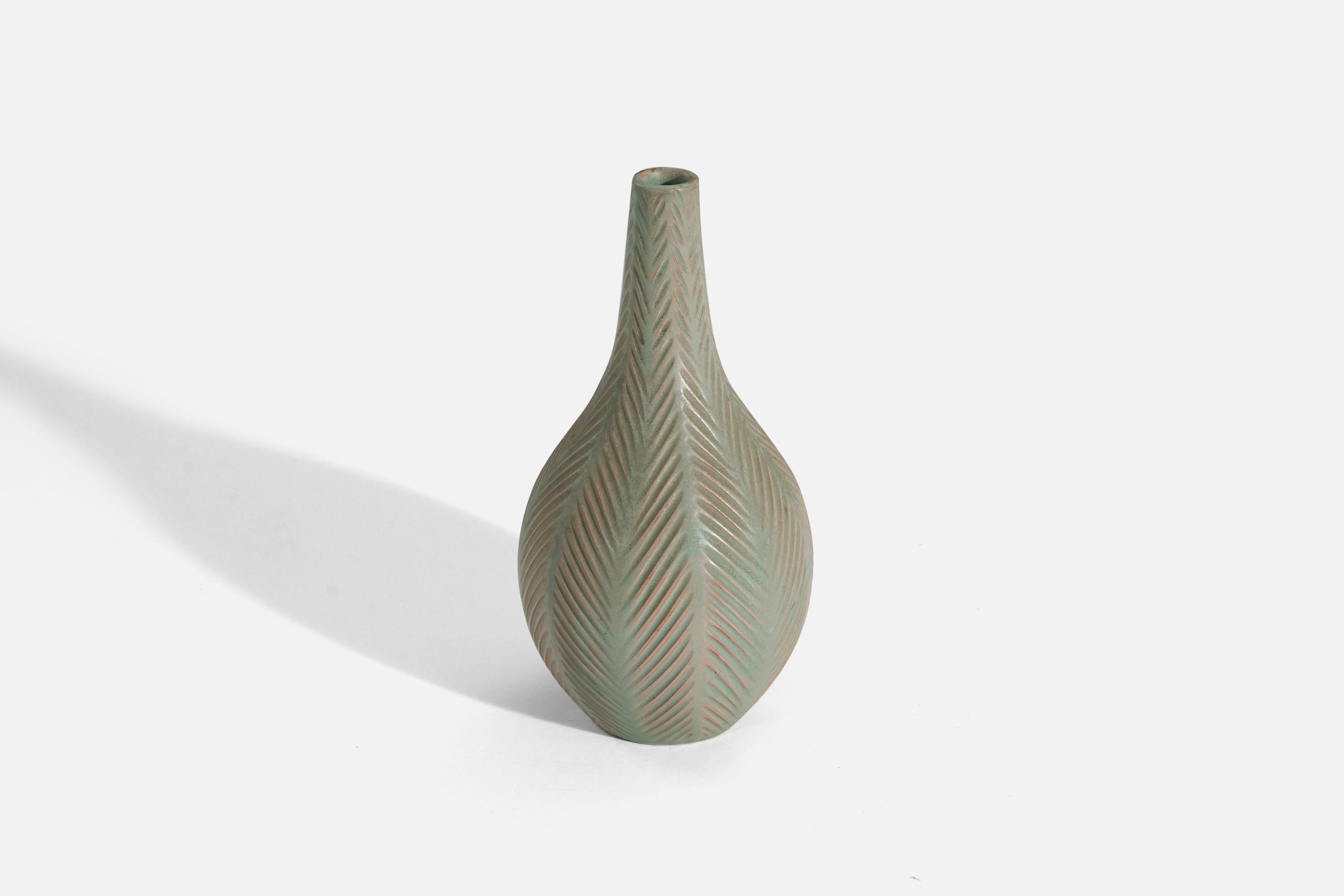 Organic Modern Anna-Lisa Thomson, Vase, Green-Glazed Earthenware, Upsala-Ekeby, Sweden, 1940s For Sale