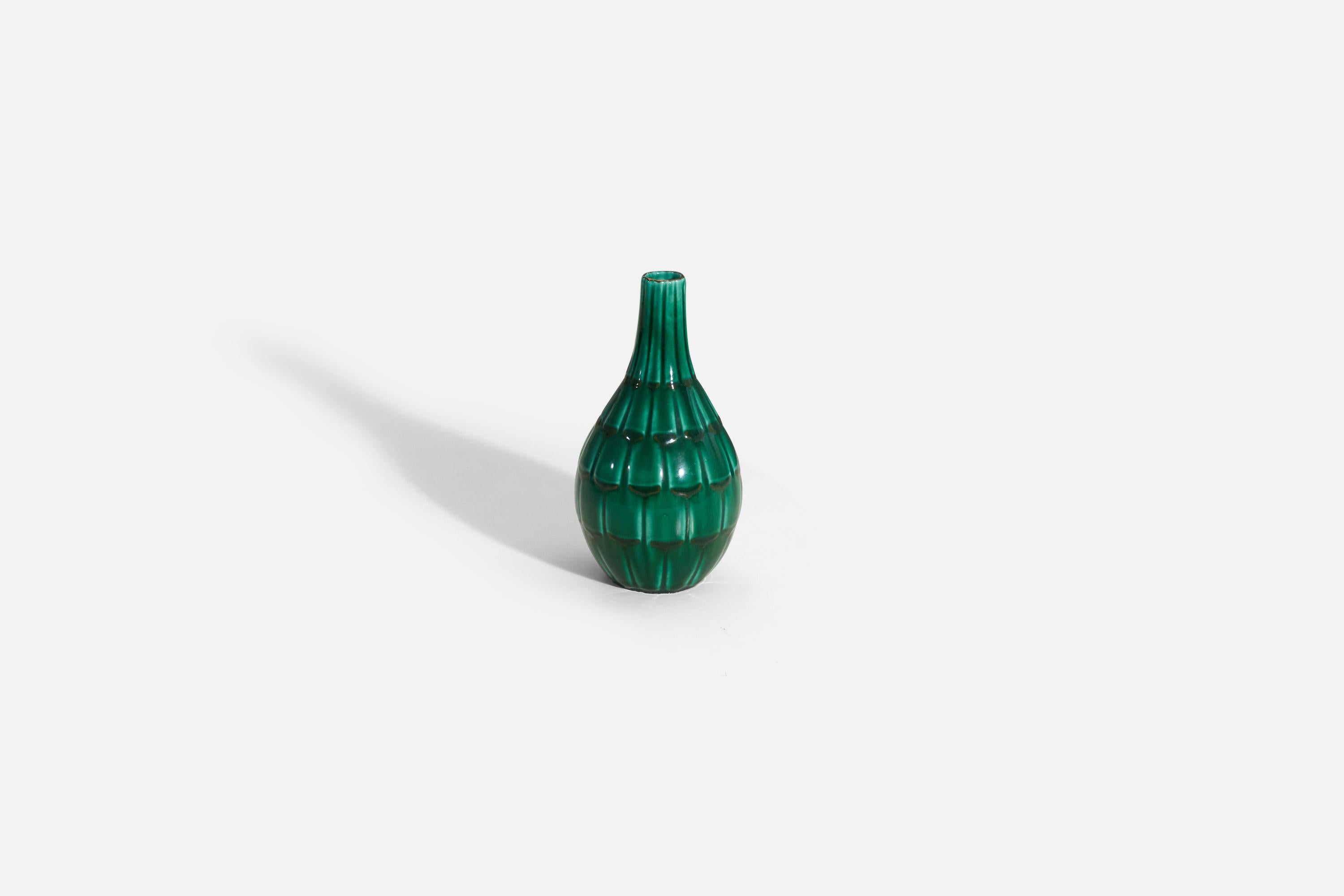 Swedish Anna-Lisa Thomson, Vase, Green-Glazed Earthenware, Upsala-Ekeby Sweden 1940s For Sale