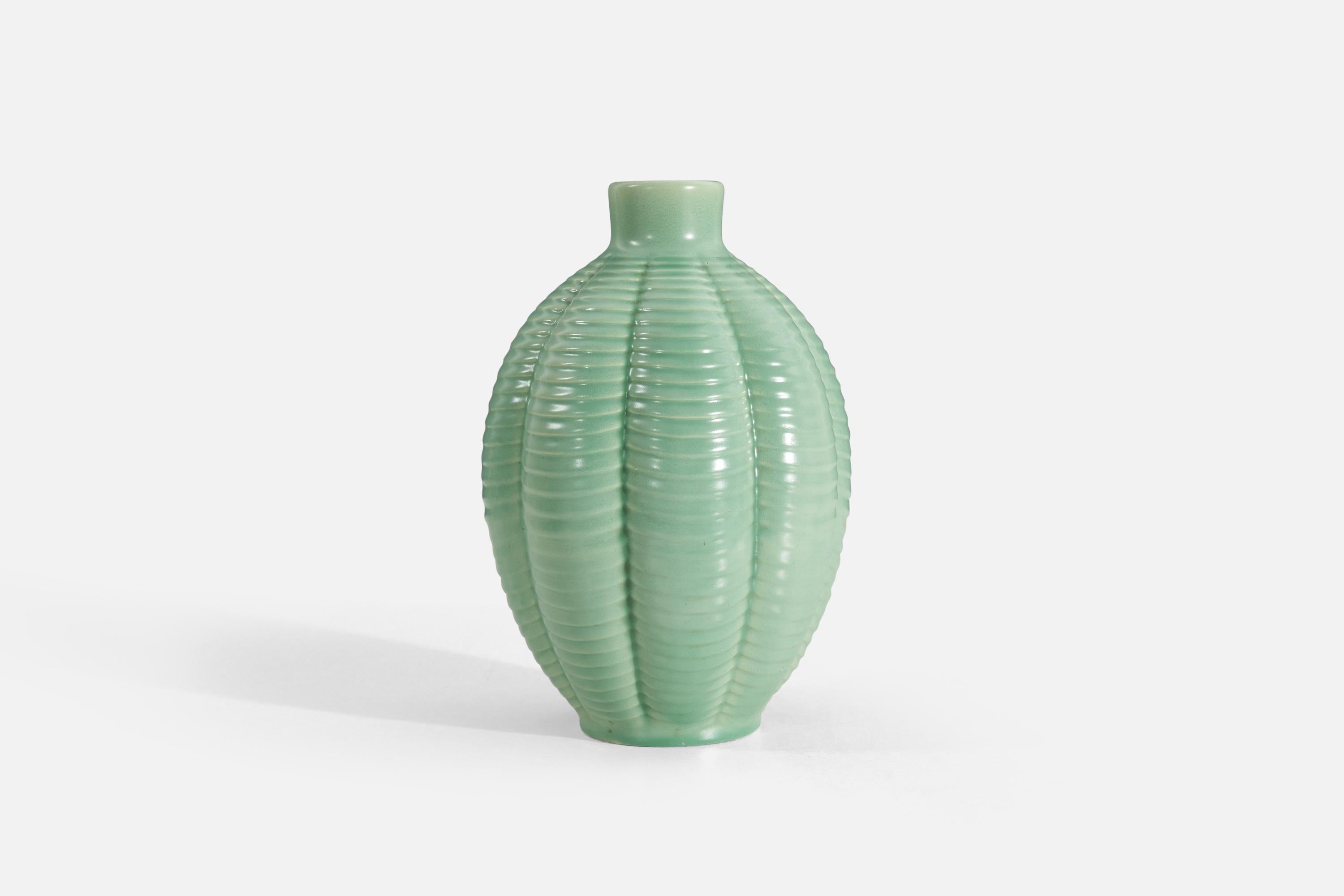 Swedish Anna-Lisa Thomson, Vase, Green-Glazed Earthenware, Upsala-Ekeby Sweden 1940s