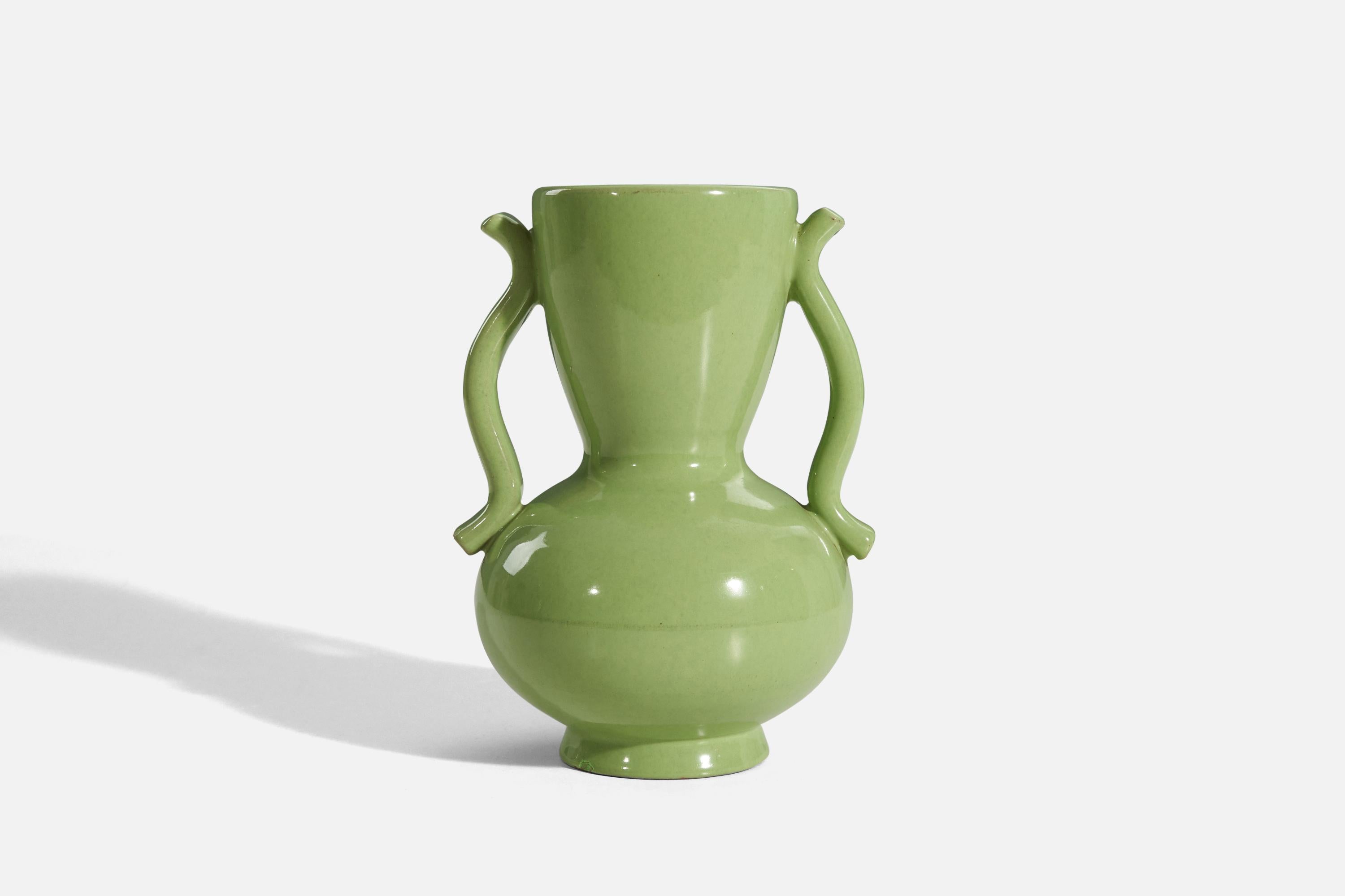 Swedish Anna-Lisa Thomson, Vase, Green-Glazed Earthenware, Upsala-Ekeby Sweden 1940s For Sale