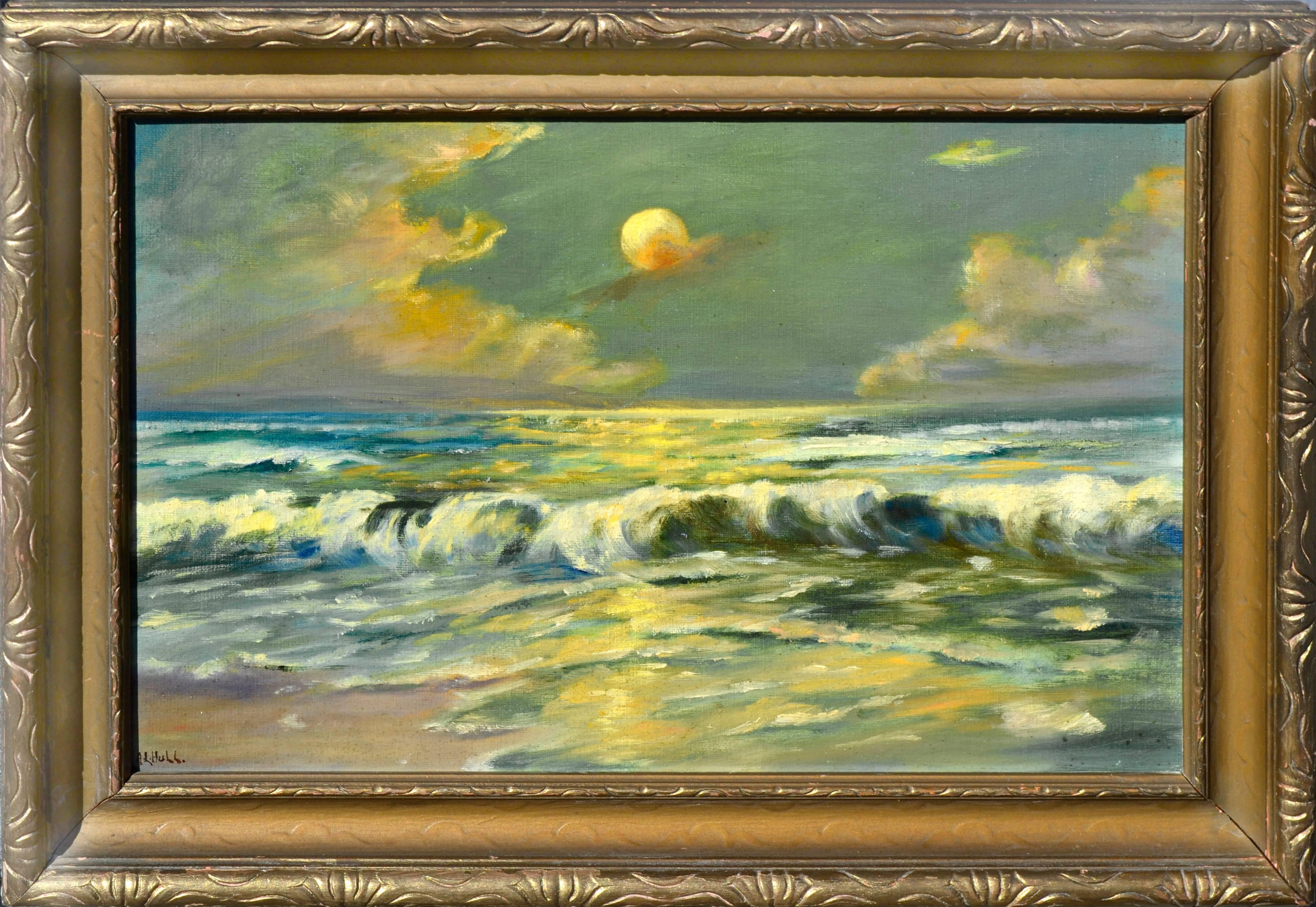 Anna Louise Hull Landscape Painting - Moonlit Waves - Early 20th Century Nocturnal Seascape 