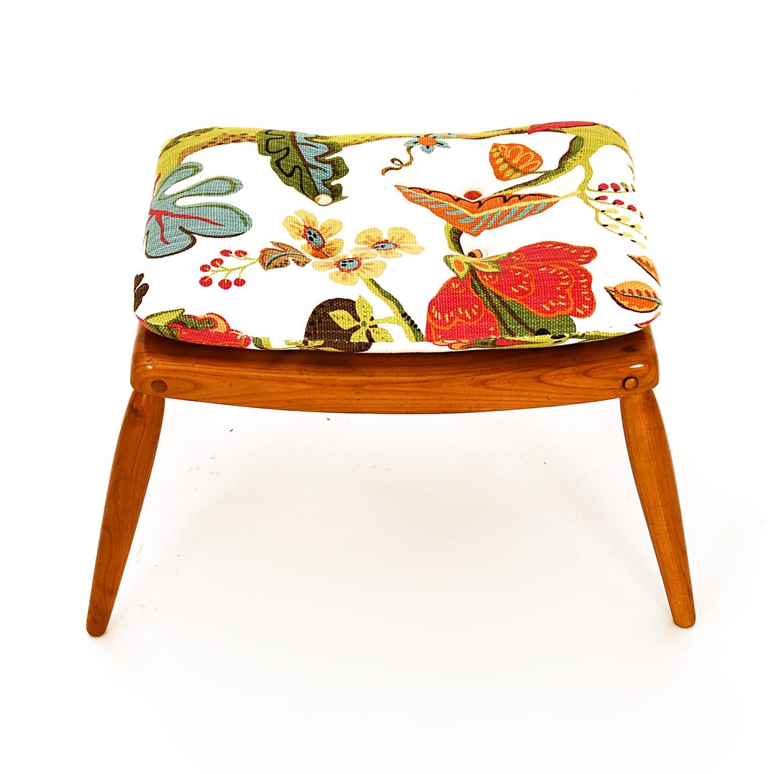 Mid-Century Modern Anna Lülja Praun Stool Cherry Wood Flower Fabric Cushion