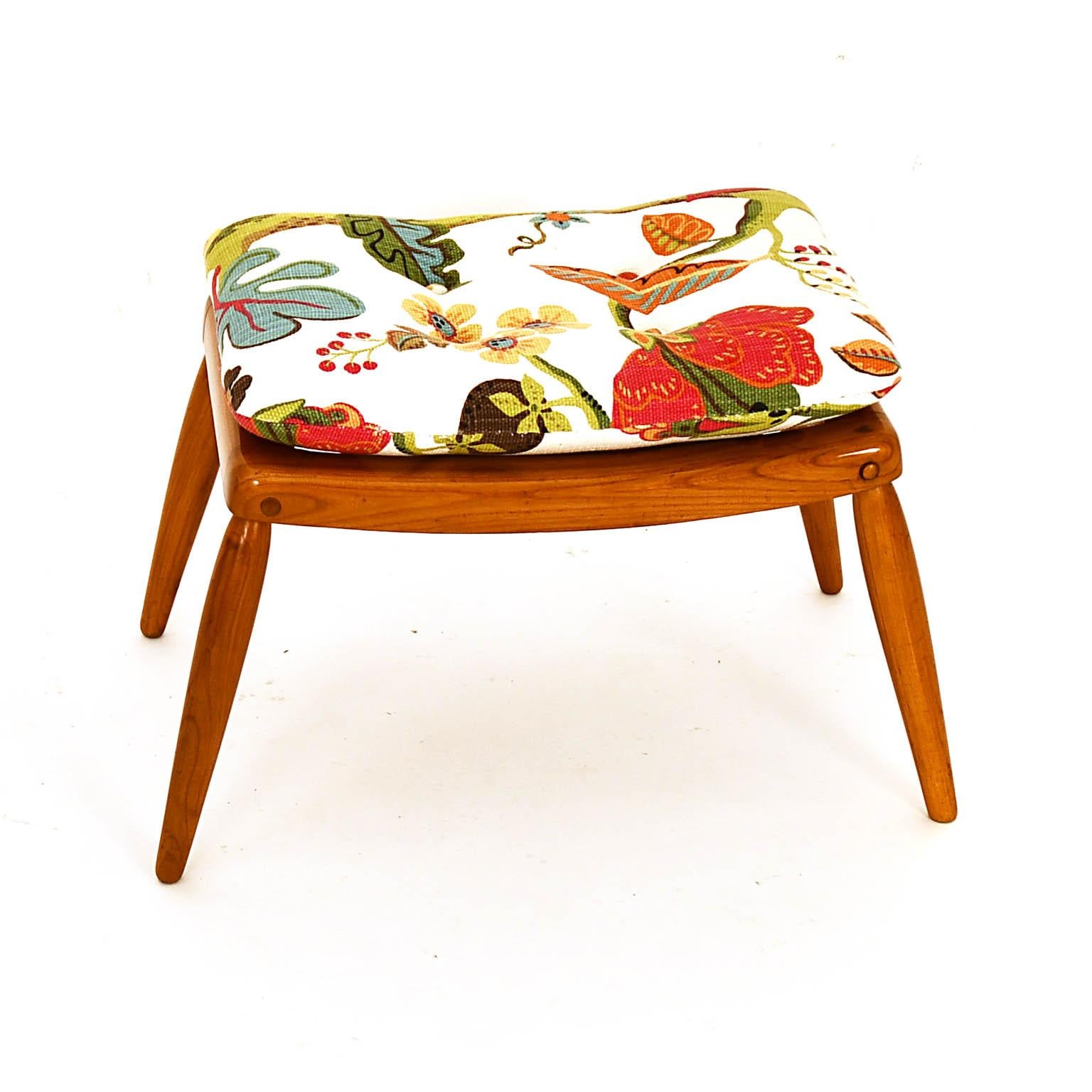 Austrian Anna Lülja Praun Stool Cherry Wood Flower Fabric Cushion