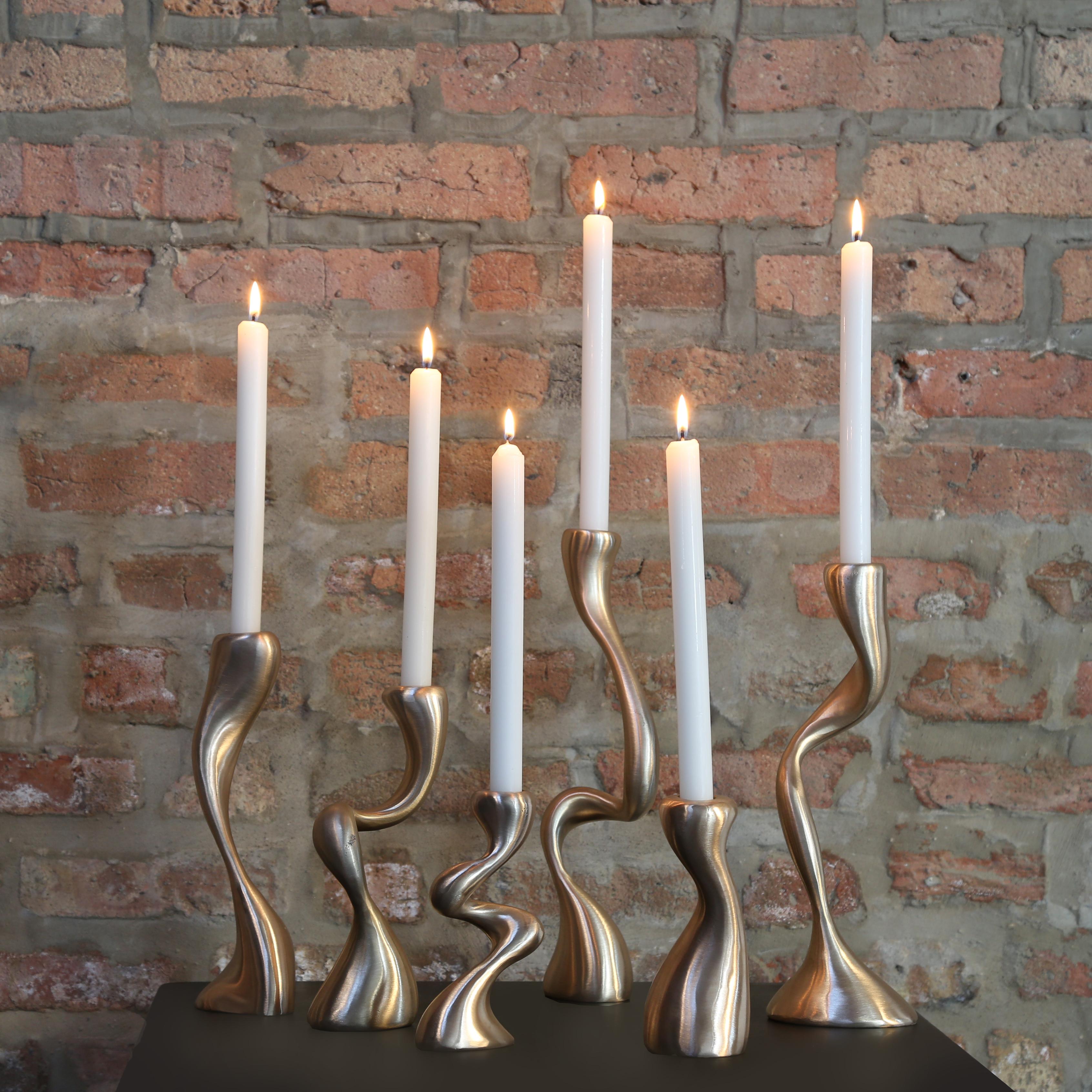 American Anna Mae Candlesticks / Candleholders Cast Brushed Bronze, USA Jordan Mozer 2003 For Sale