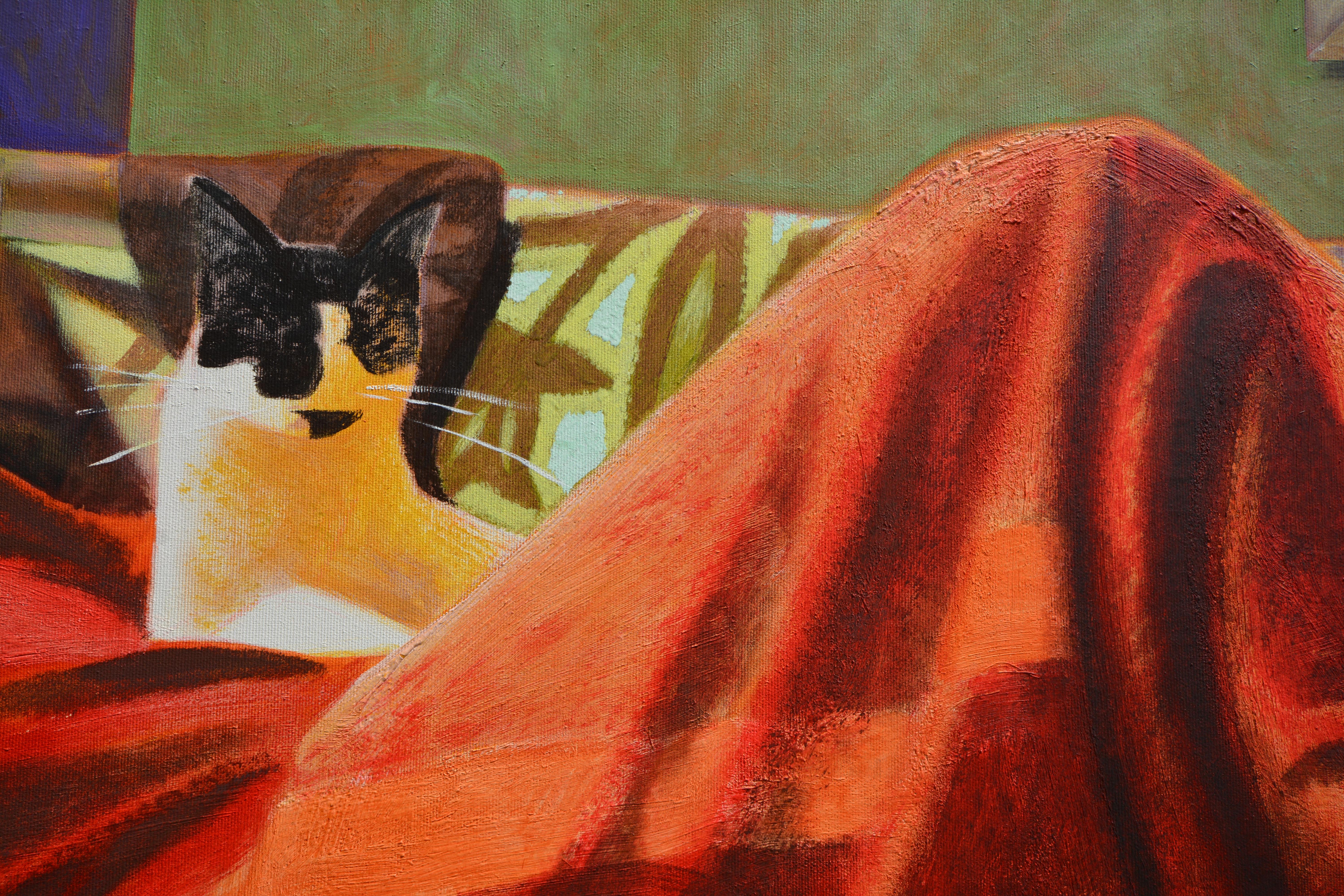 Agnieszka And The Cat - Peinture de portrait figuratif contemporaine, grand format  en vente 6