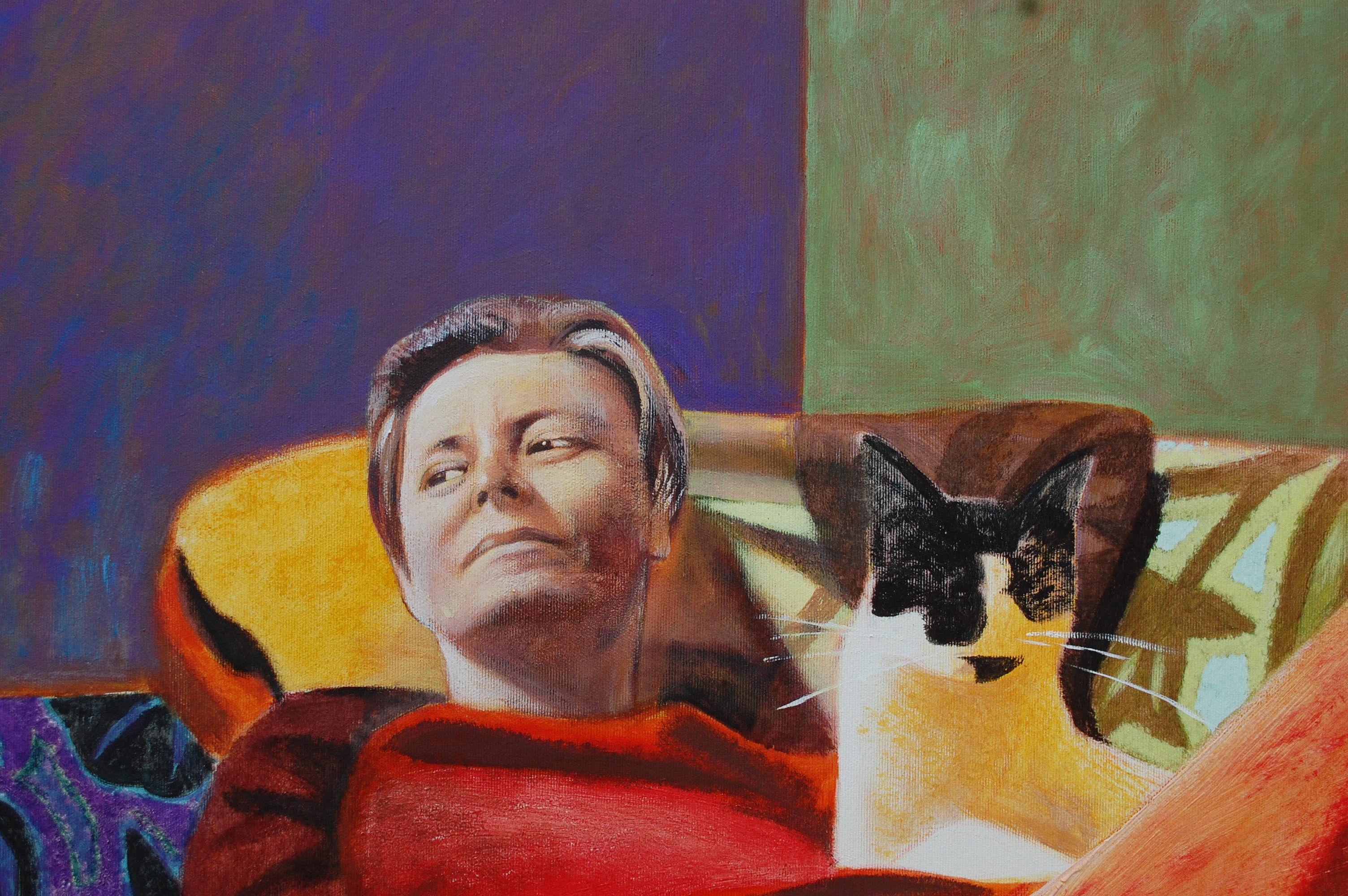 Agnieszka And The Cat - Peinture de portrait figuratif contemporaine, grand format  en vente 1