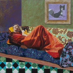 Agnieszka And The Cat - Peinture de portrait figuratif contemporaine, grand format