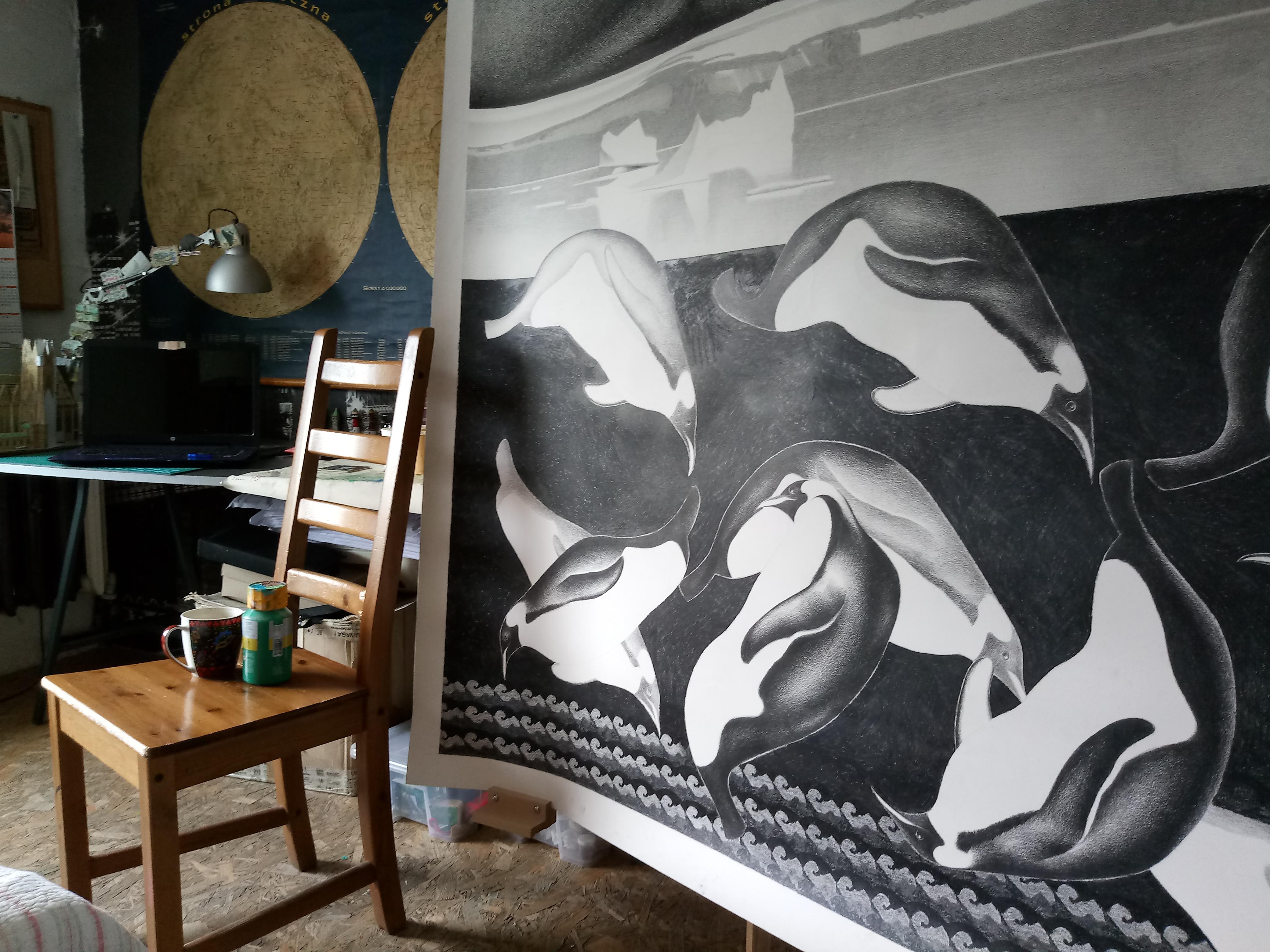 Penguins - Contemporary Figurative Elaborate Large Format Drawing For Sale 11