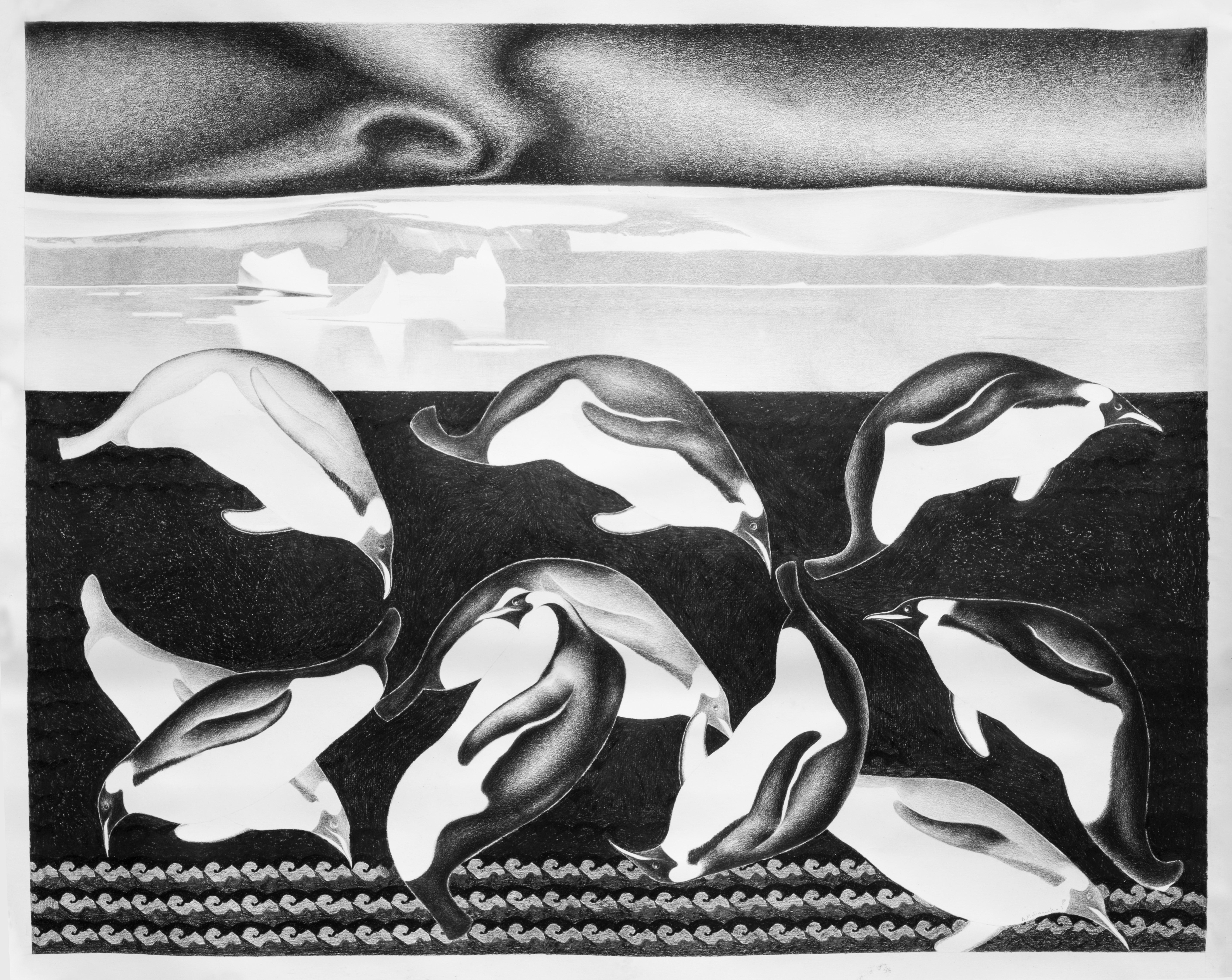 Penguins - Contemporary Figurative Elaborate Large Format Drawing - Art by Anna Malinowska