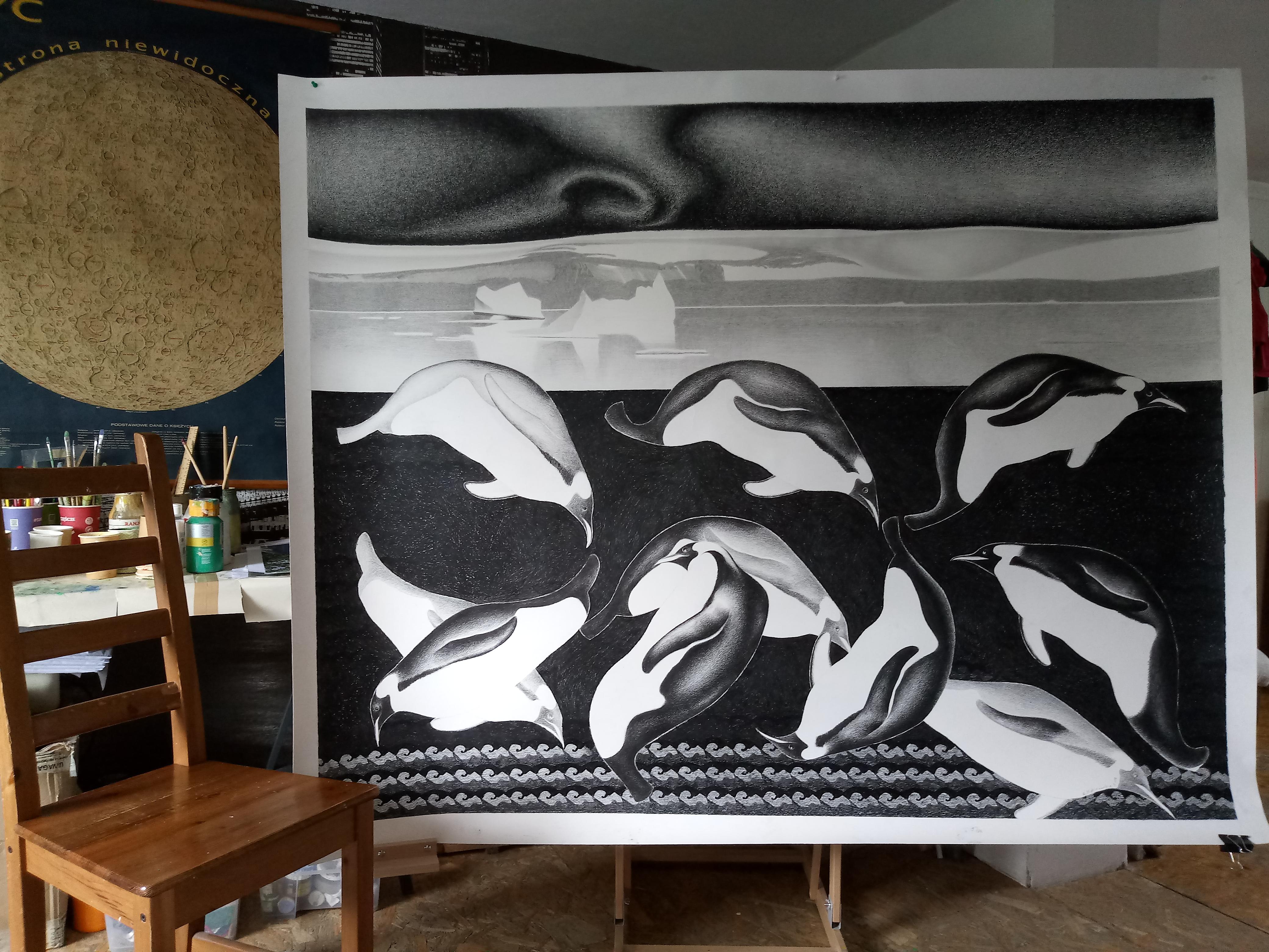 Penguins - Contemporary Figurative Elaborate Large Format Drawing - Gray Animal Art by Anna Malinowska