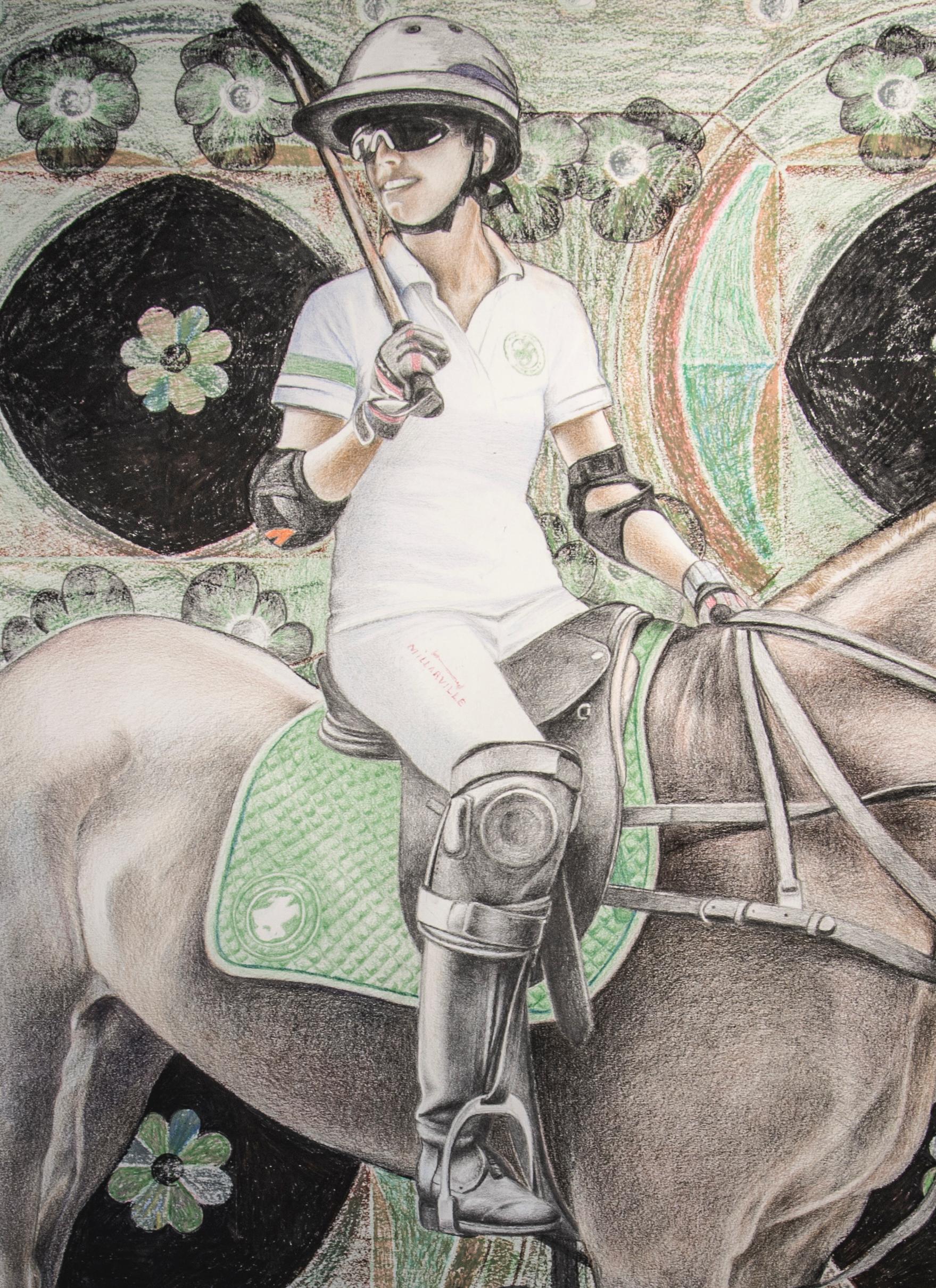 Polo Player - Contemporary Figurative Elaborate Large Format Drawing, Horse - Painting by Anna Malinowska