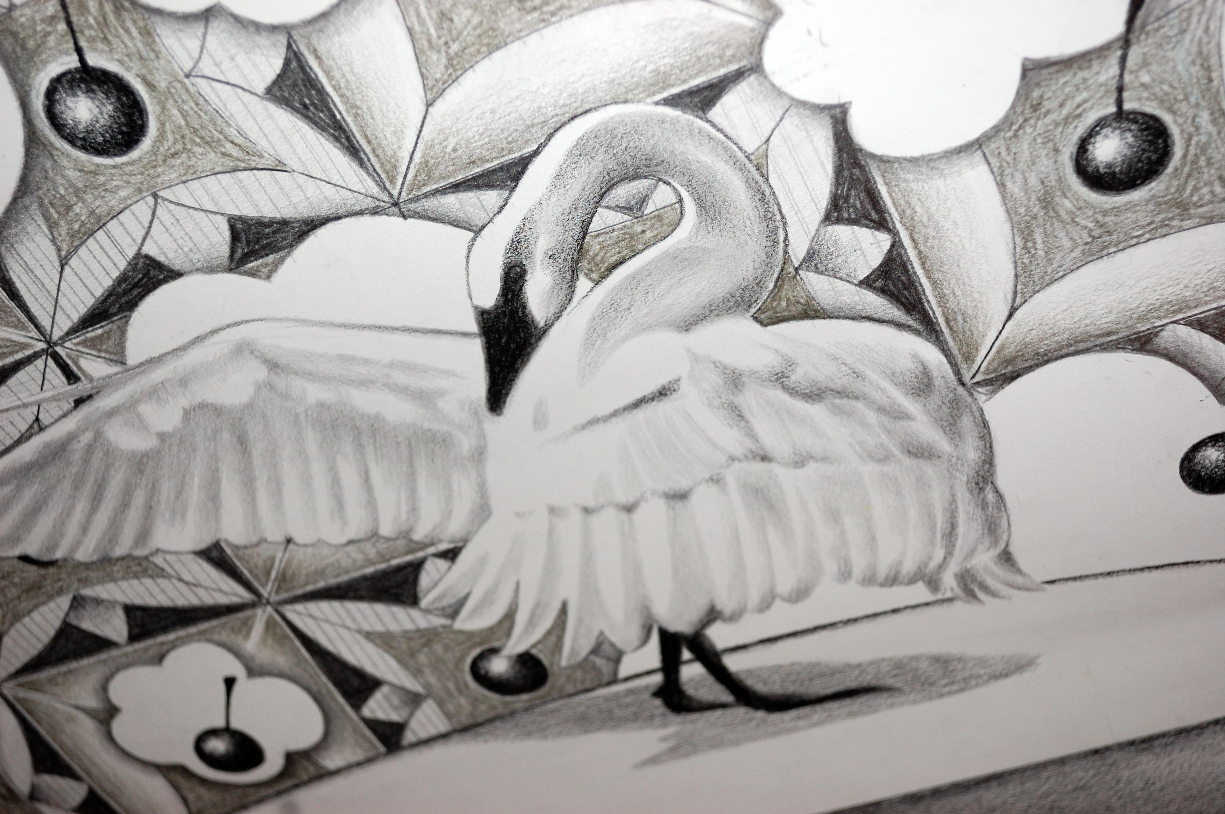 Swan and Cherries - Contemporary Figurative Elaborate Drawing, Large Format  - Gray Animal Art by Anna Malinowska