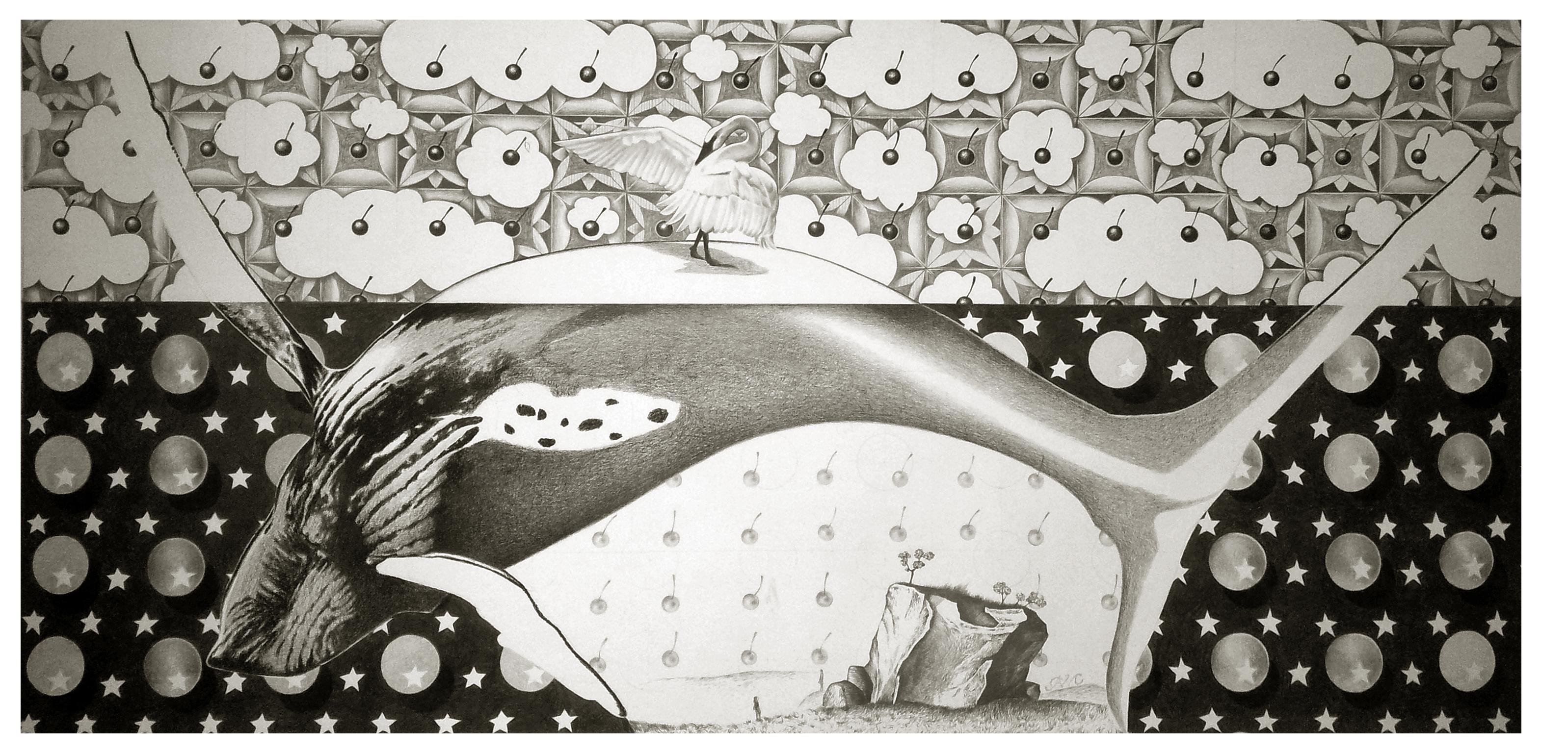 Anna Malinowska Animal Art - Swan and Cherries - Contemporary Figurative Elaborate Drawing, Large Format 