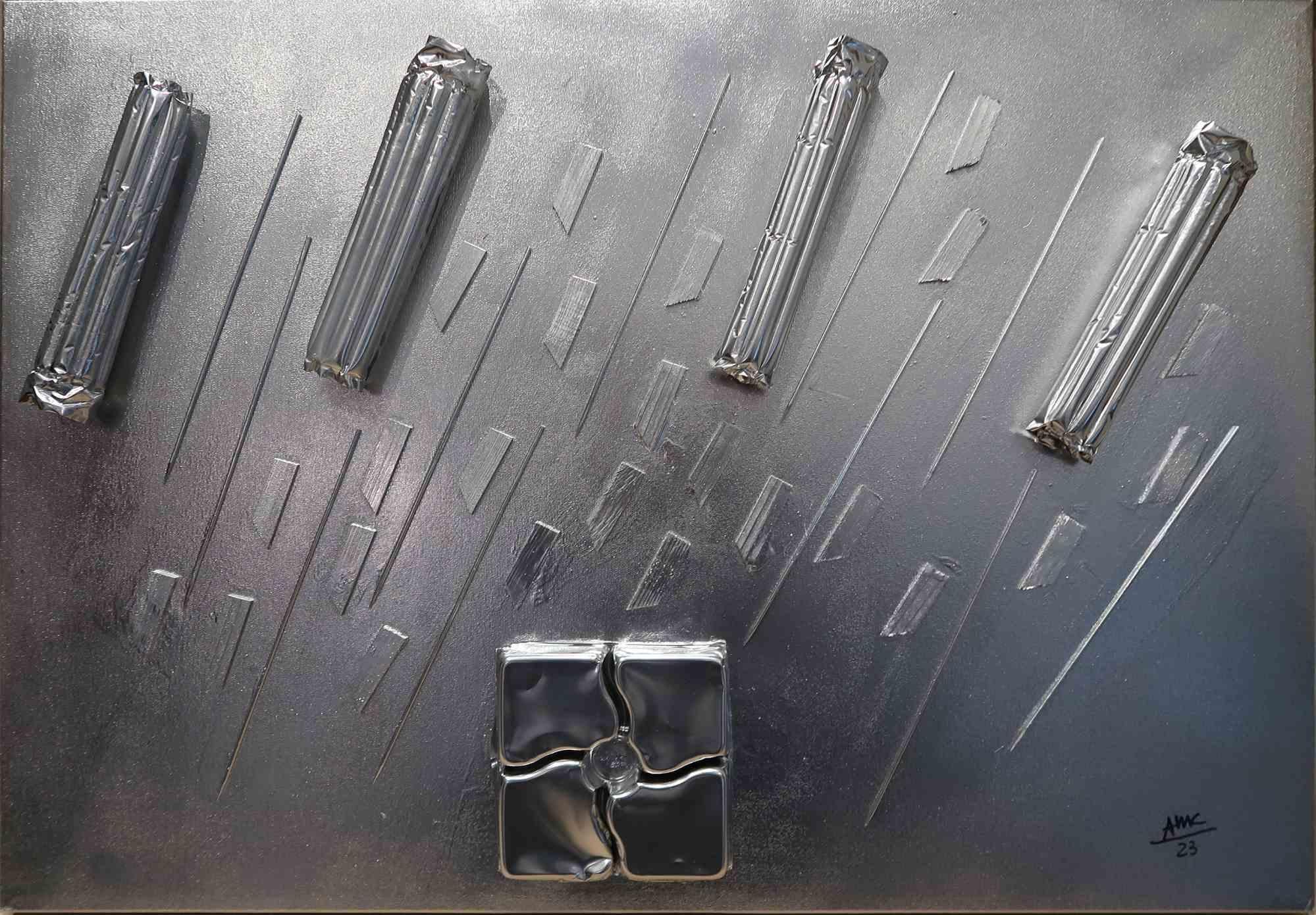 A Hard Rain's Gonna Fall is a fascinating painting by the Italian artist Anna Maria Caboni.

It is a metaphor for the contemporary First-World city, where everything is metallic, and the structures are made of recycled plastic. This enchanting