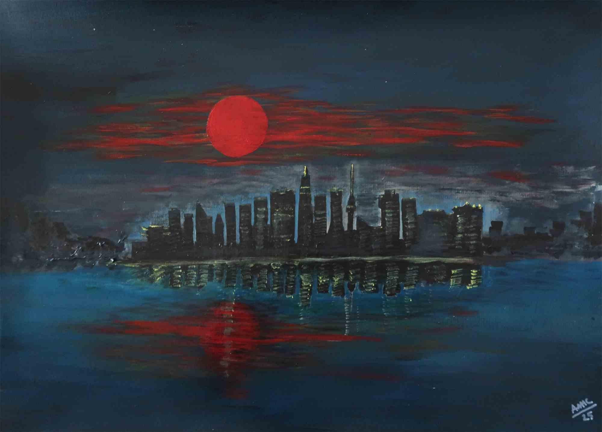 This evocative contemporary painting by Anna Maria Caboni presents a nocturnal cityscape suspended between reality and reflection. A deep, atmospheric blue dominates the composition, interrupted by a striking crimson moon that hovers above the