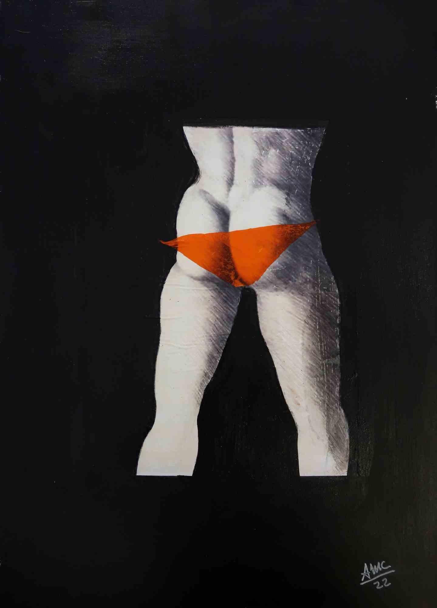 Destroy the Gender is a provocative acrylic painting and collage realized by the Italian artist Anna Maria Caboni.

The collage depicts a statuary male nude covered by orange underwear. The painting highlights how unresponsive we are in front of a