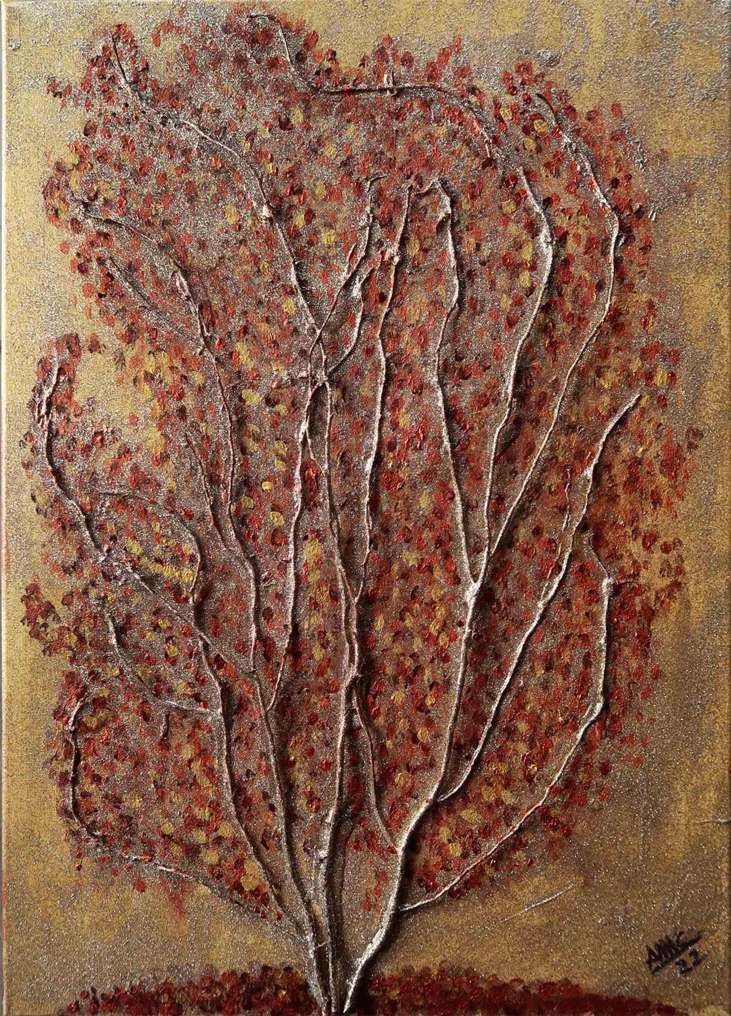 Enchanted Forest is a beautiful mixed-media painting realized by the Italian artist Anna Maria Caboni in 2022.

Hand-signed and dated on the lower right. Perfect conditions.

This delightful mystical painting shows a huge tree, whose brown leaves