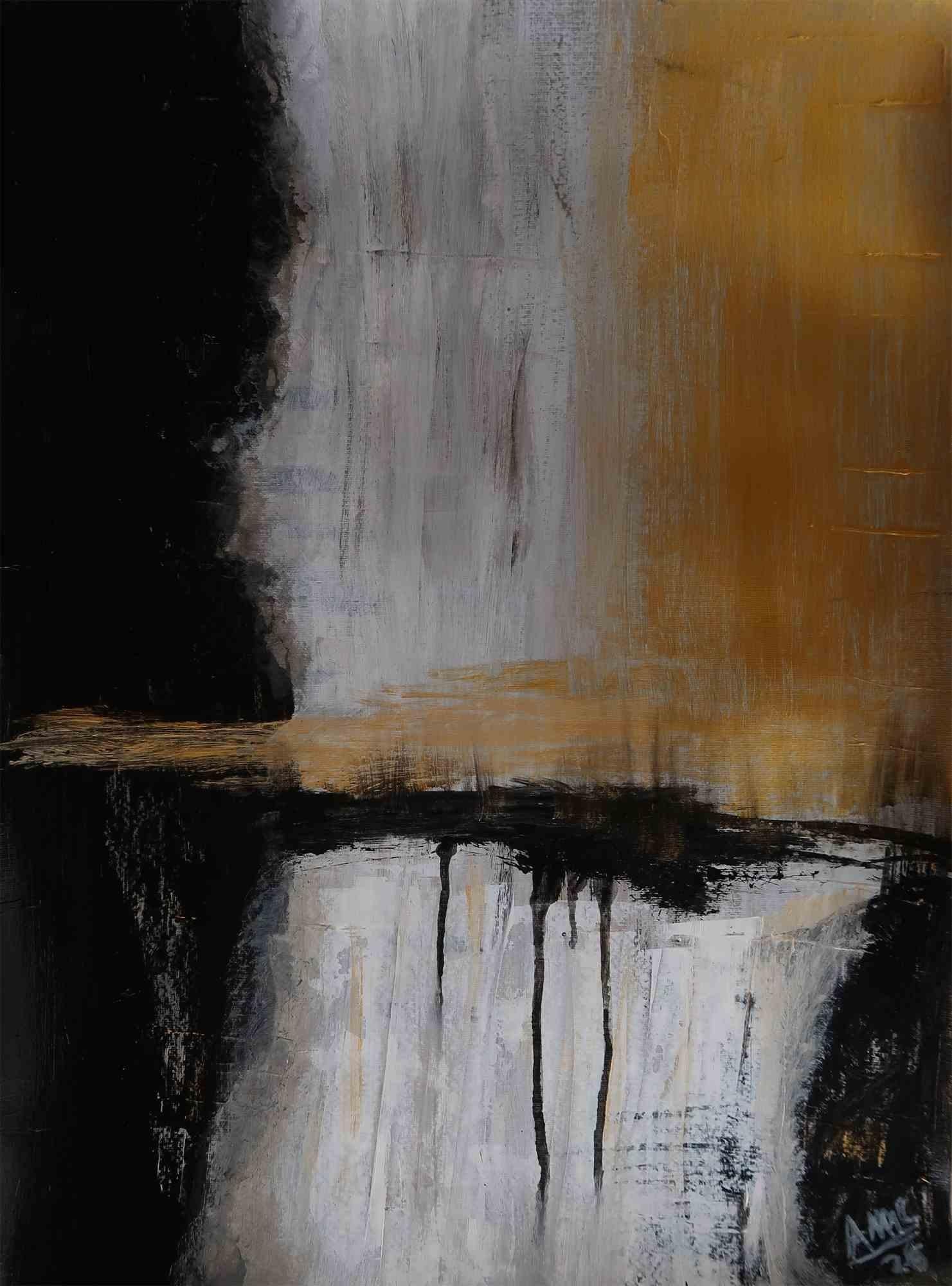 Golden Abstract Painting, Acrylic on Canvas, Contemporary, Signed