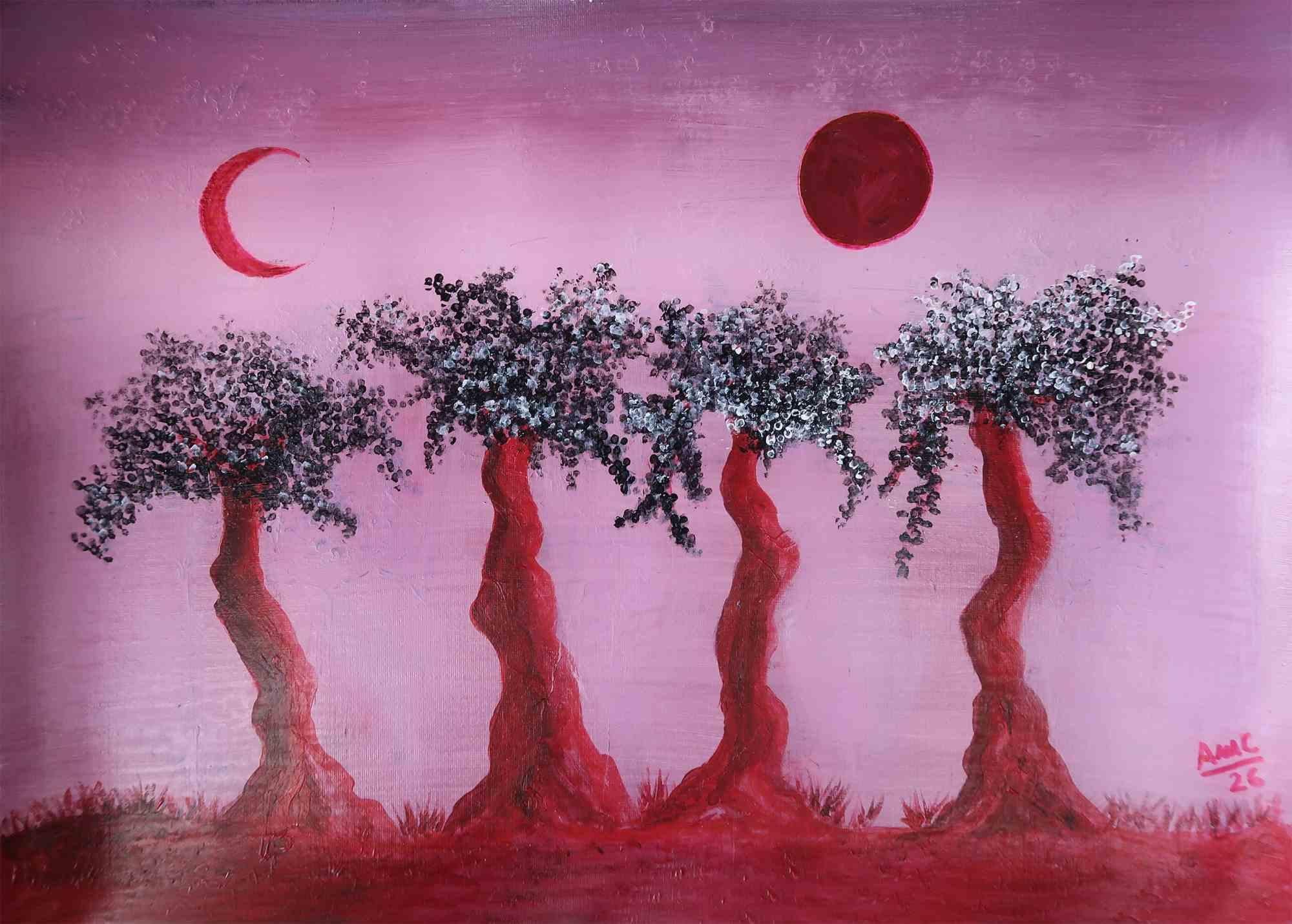 Multiverse Acrylic Painting, Contemporary Nocturnal Landscape, Signed