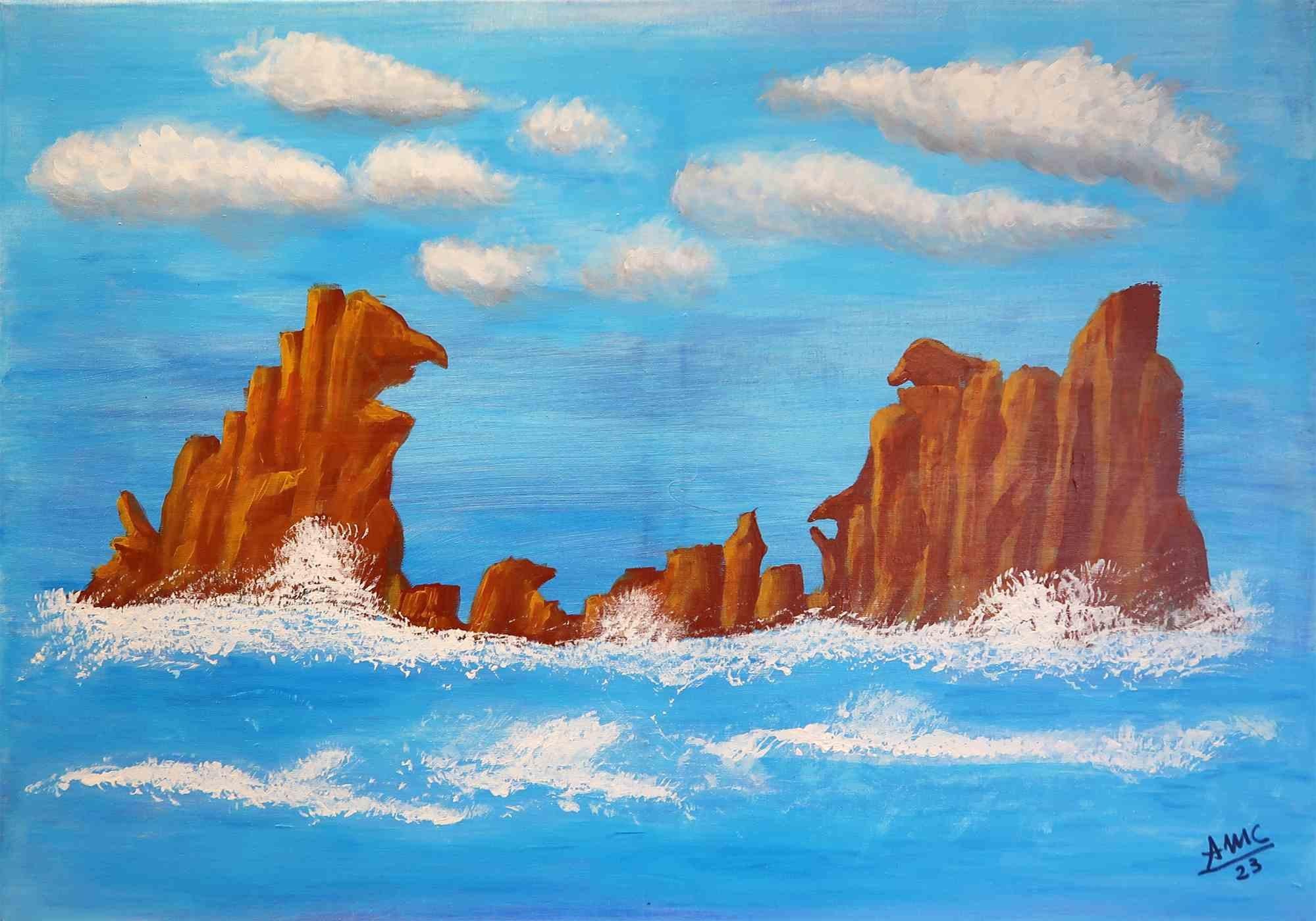 Sardinia is a wonderful painting by the Italian artist Anna Maria Caboni.

This painting, combining a figurative seascape with abstract elements, takes place in the middle of an infinite sea with isolated rocks emerging from the waves, as a metaphor