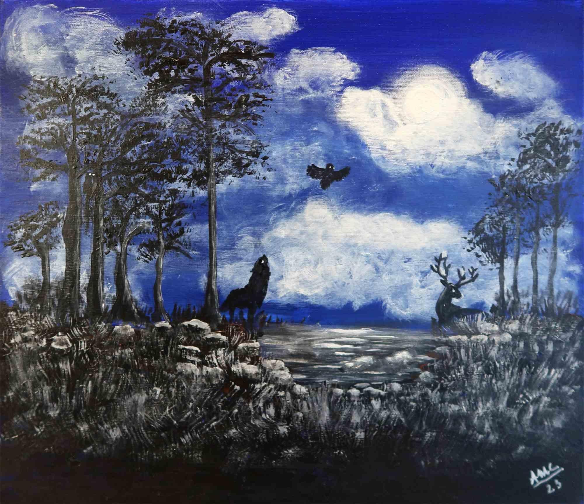 Things' Soul is an enchanting painting by the Italian artist Anna Maria Caboni.

This painting, combining a figurative landscape with abstract elements, takes place in the middle of a dark forest, where, by means of only a few wise brushstrokes, we