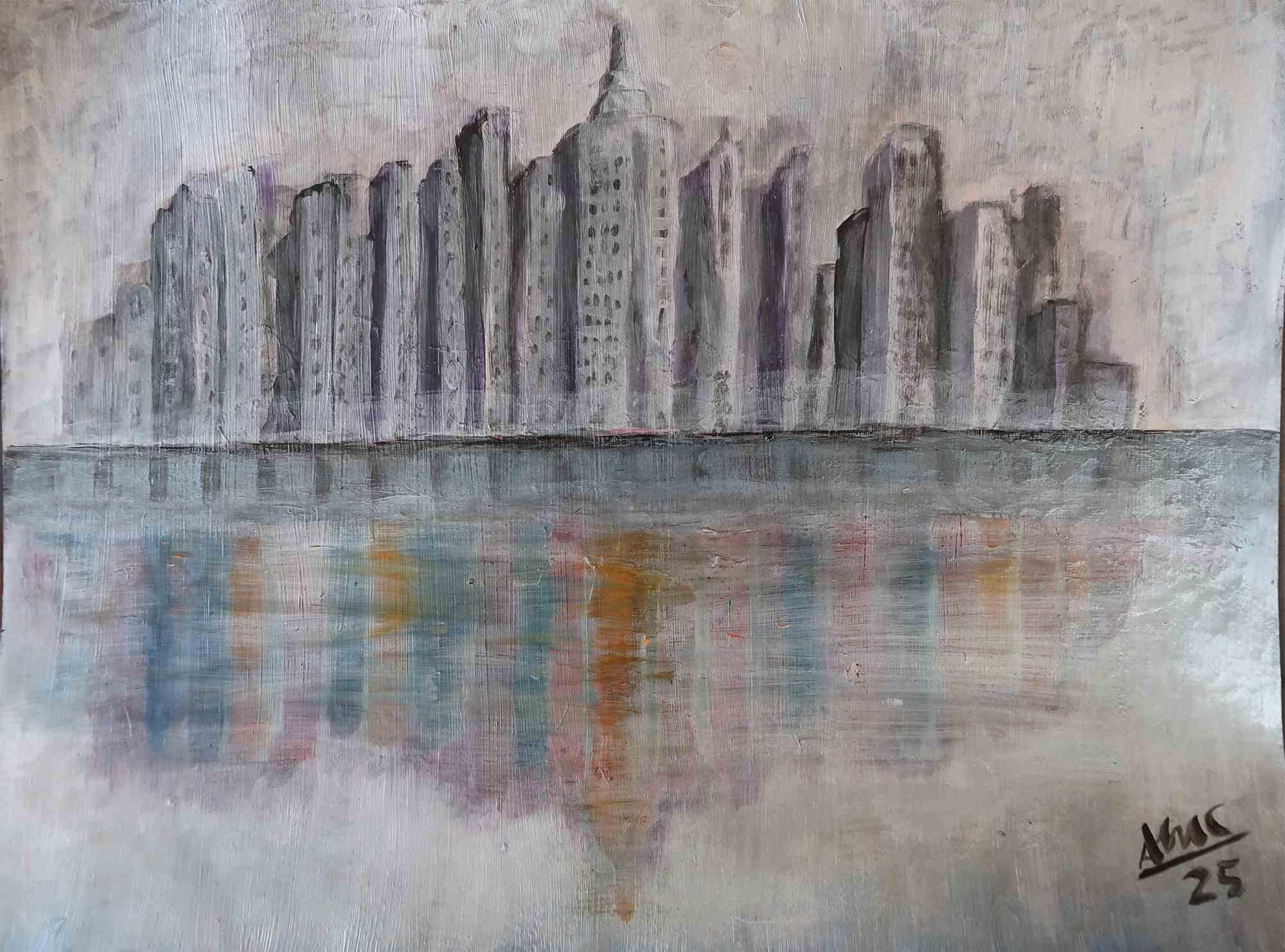 The True City is an acrylic on loose canvas, by the Italian artist Anna Maria Caboni.

This medium-sized acrylic painting by contemporary artist Anna Maria Caboni presents a poetic and thought-provoking urban landscape. The city skyline, rendered in