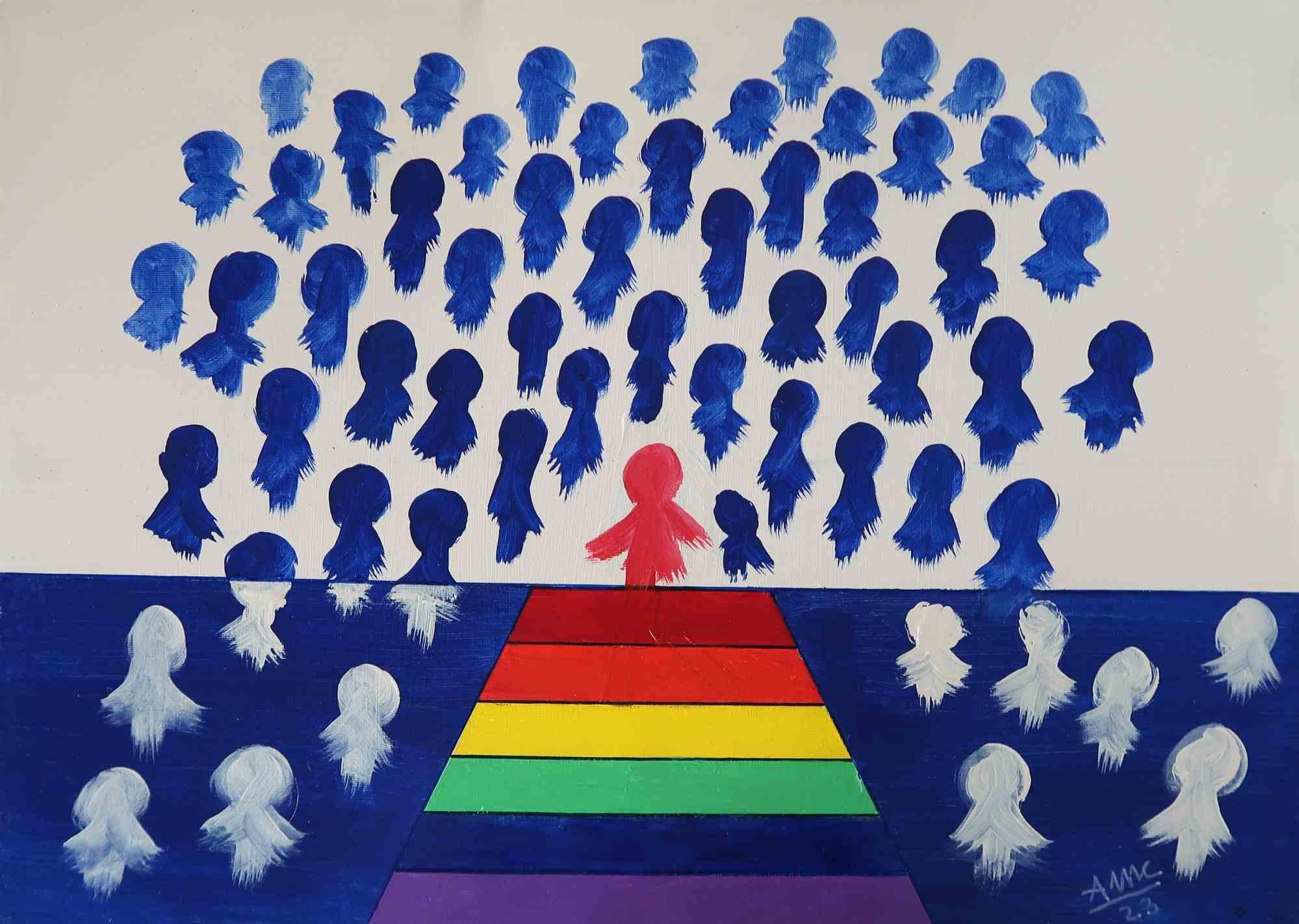 Towards Salvation is a fascinating painting by the Italian artist Anna Maria Caboni.

In a spaceless place beyond reality, anonymous ghosts are drawn towards the only hint of space: the colors of LGBT flag. It could provide them with a colorful