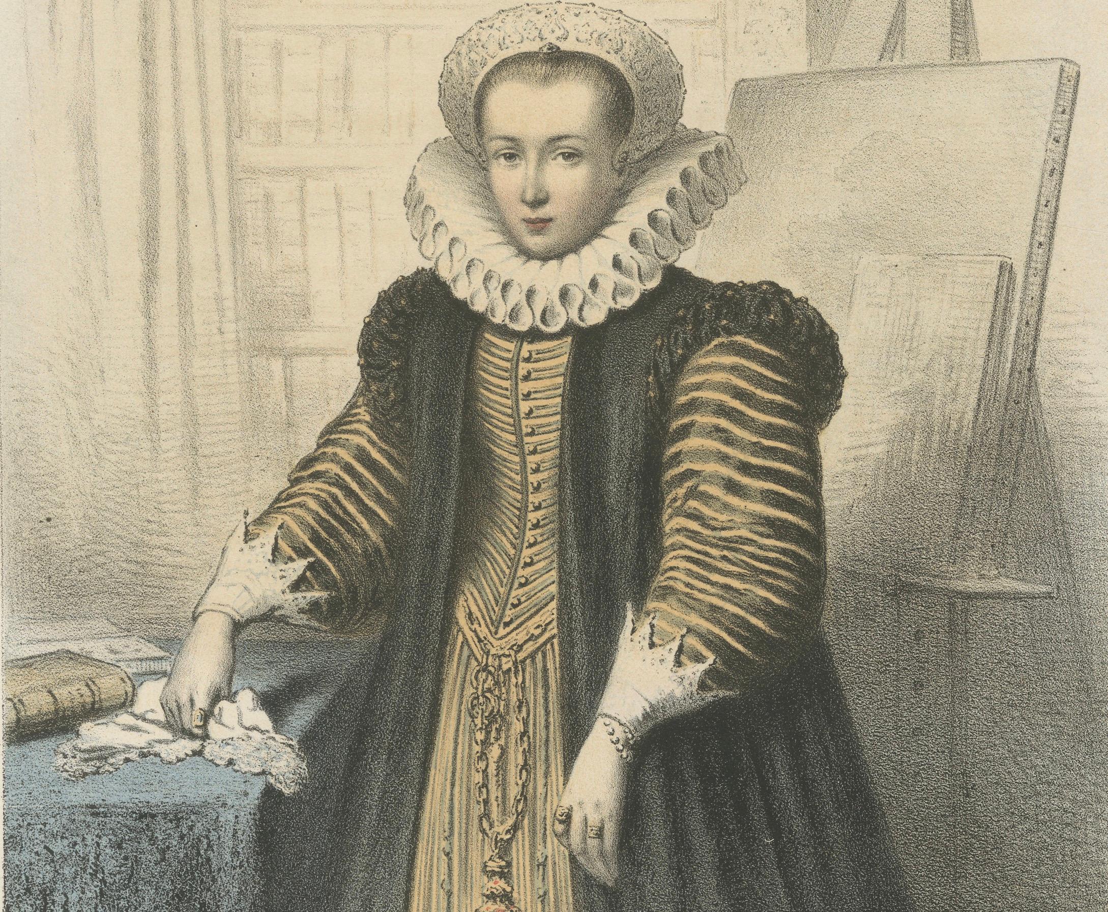 Anna Maria Schuurmans – Dutch Scholar and Artist, 19th-Century Hand-Colored Lithograph

This 19th-century hand-colored lithograph portrays Anna Maria van Schurman, one of the most remarkable intellectual women of the Dutch Golden Age. Born in 1607,