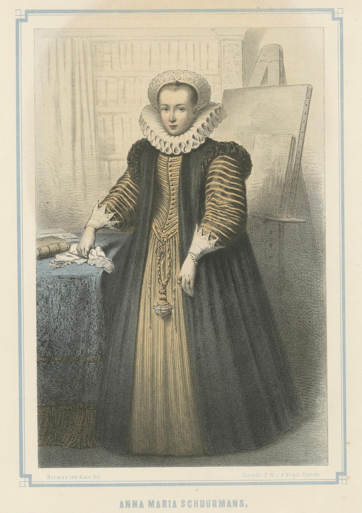 Anna Maria Schuurmans – Dutch Scholar & Artist, Hand-Colored Lithograph, ca.1850 For Sale 1