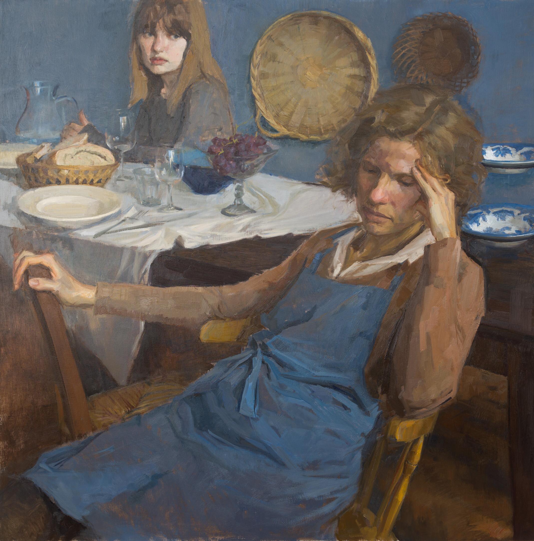 Anna Maria Vargiu Portrait Painting – Ich musste es dir sagen- Zeitgenössische narrative Malerei des 21. Jahrhunderts, Mutter und Tochter