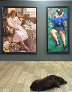 Glicinias con mariposas - Pintura narrativa del siglo XXI de una mujer