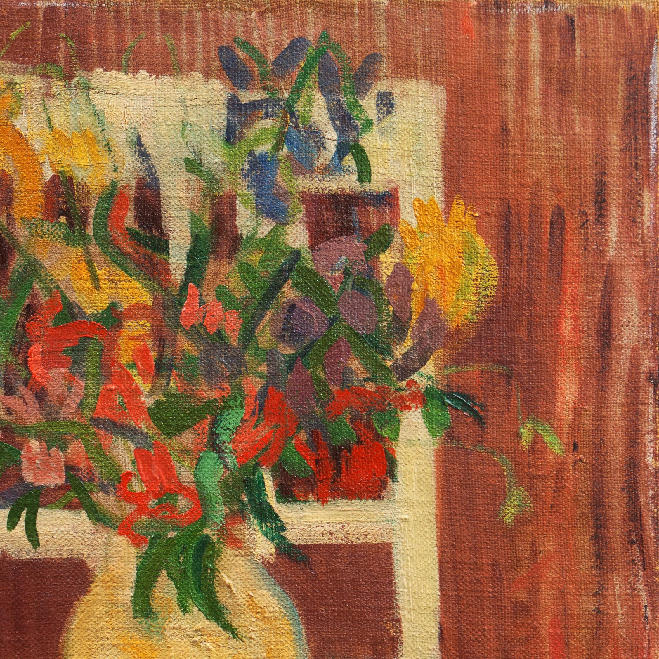 A Post-Impressionist, mid-20th century oil still-life showing purple, yellow and red blossoms arranged informally in a creamware vase standing on a chair. 

Signed lower right, 'A. M. Lütken' for Anna Marie Lütken (Danish, 1917-2001), a listed