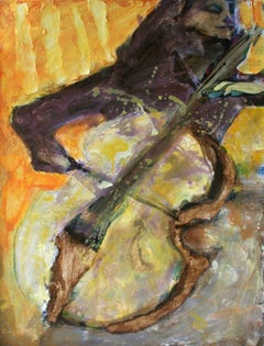 Cellist - XXI Century, Contemporary Figurative Oil Painting, Yellow, Music