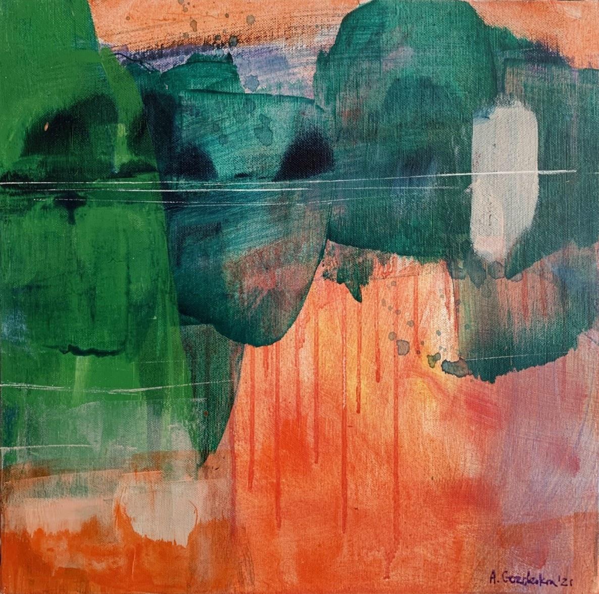 Grüner Wald - Zeitgenössische abstrakte Malerei Acrylfarben, polnischer Künstler