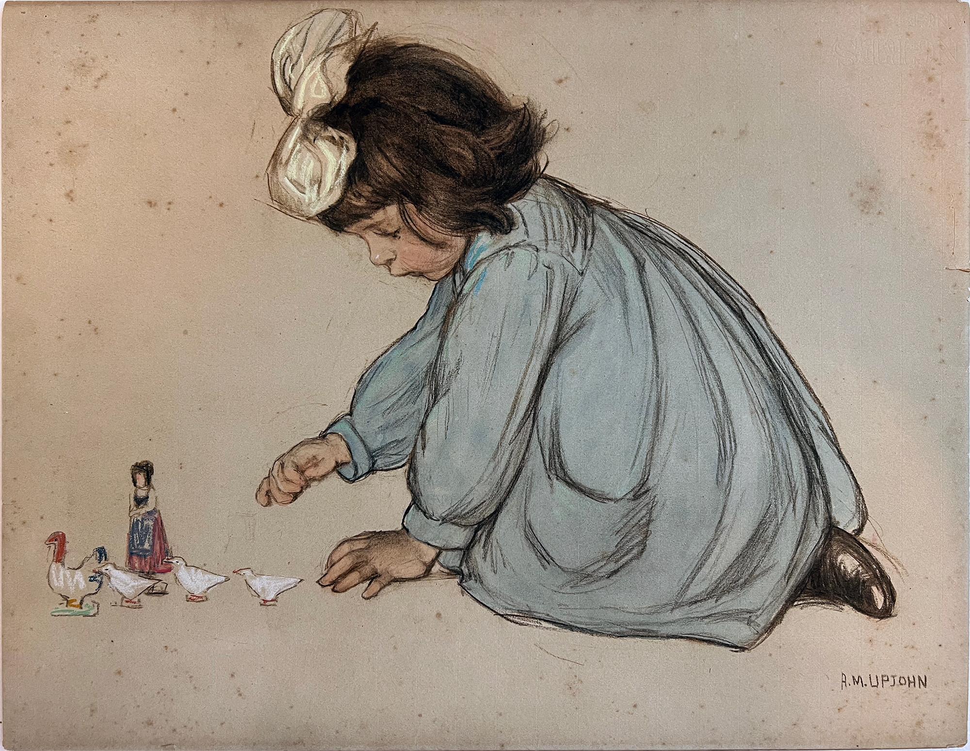 Anna Milo Upjohn Figurative Painting - Child Playing with Toy Birds and Doll - School of Jessie Willcox Smith