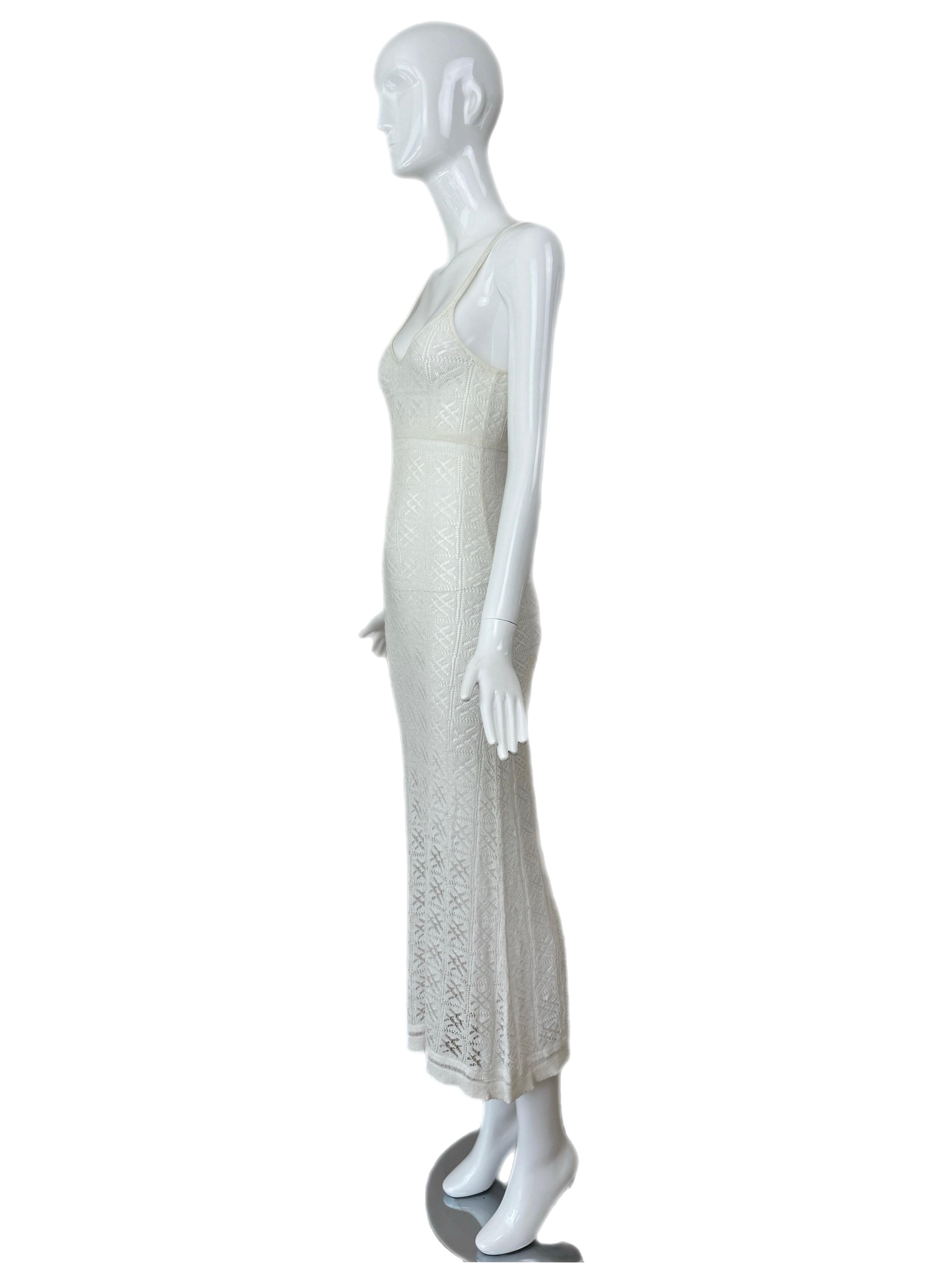 Women's ANNA MOLINARI 90s/00s Vintage Ivory White Sheer Crochet Knit Long Maxi Dress For Sale