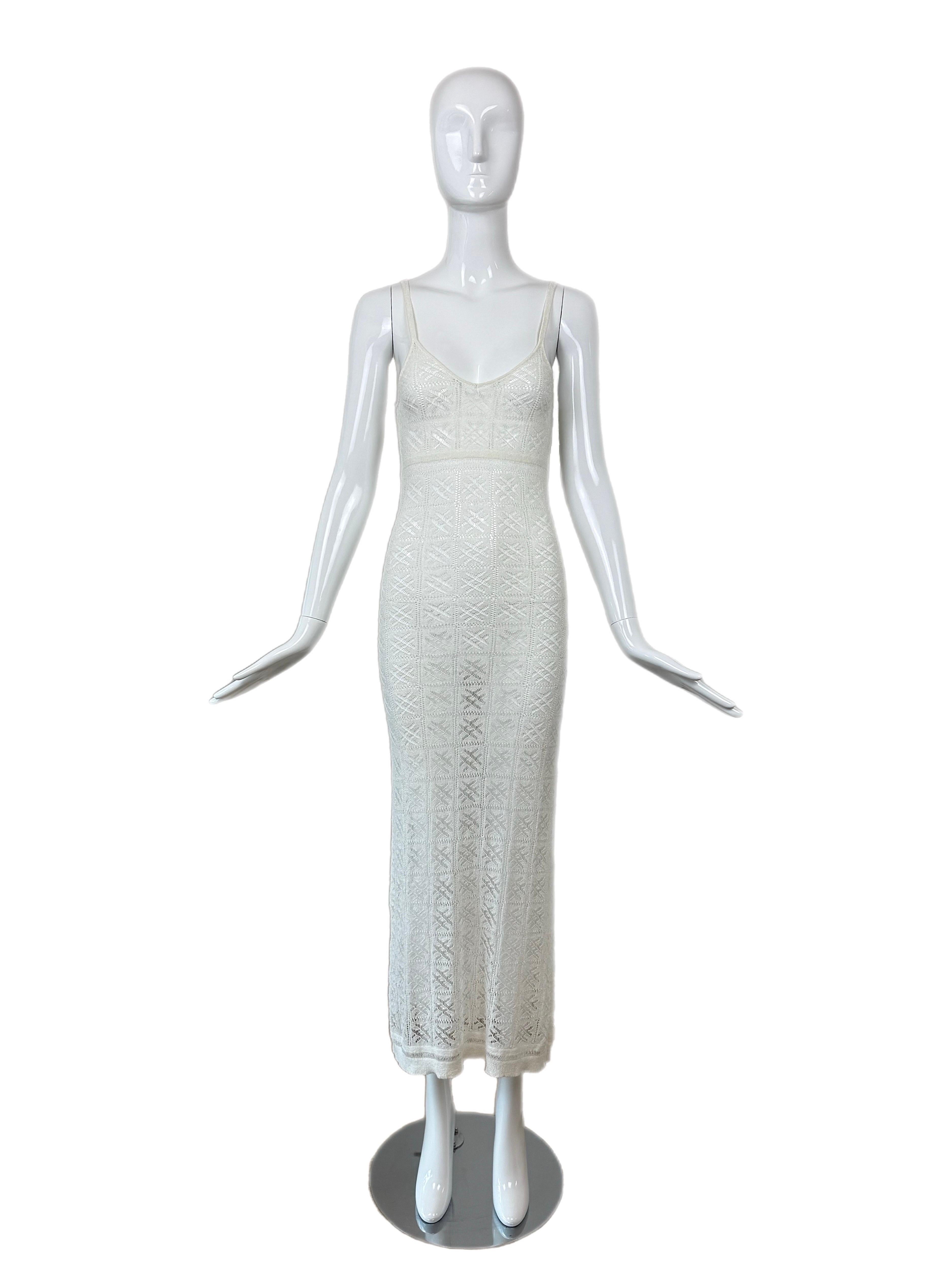 ANNA MOLINARI 90s/00s Vintage Ivory White Sheer Crochet Knit Long Maxi Dress For Sale 1
