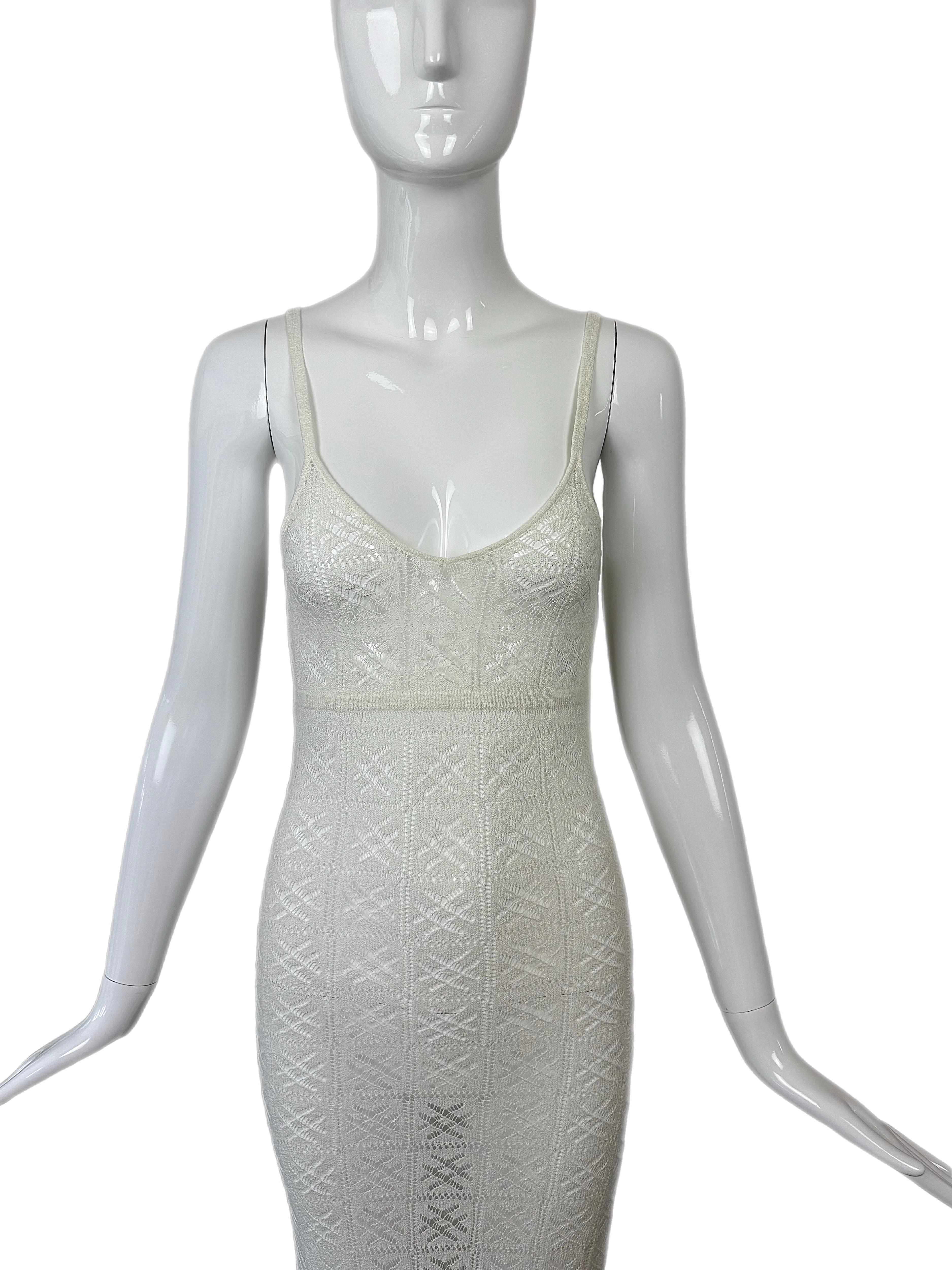 ANNA MOLINARI 90s/00s Vintage Ivory White Sheer Crochet Knit Long Maxi Dress For Sale 5
