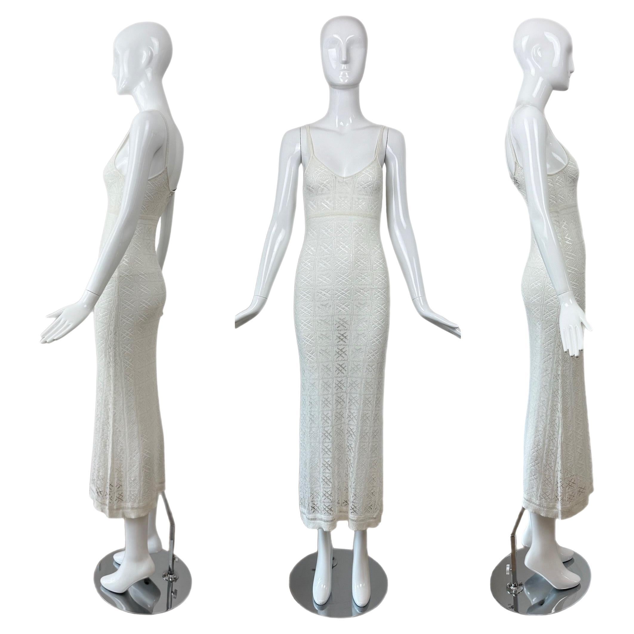 ANNA MOLINARI 90s/00s Vintage Ivory White Sheer Crochet Knit Long Maxi Dress For Sale