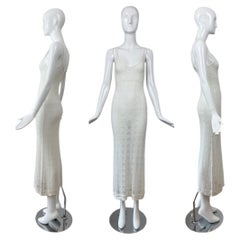 ANNA MOLINARI anni '90/00 Vintage Avorio Bianco Maglia a Maglia Trasparente Maxi Vestito Lungo