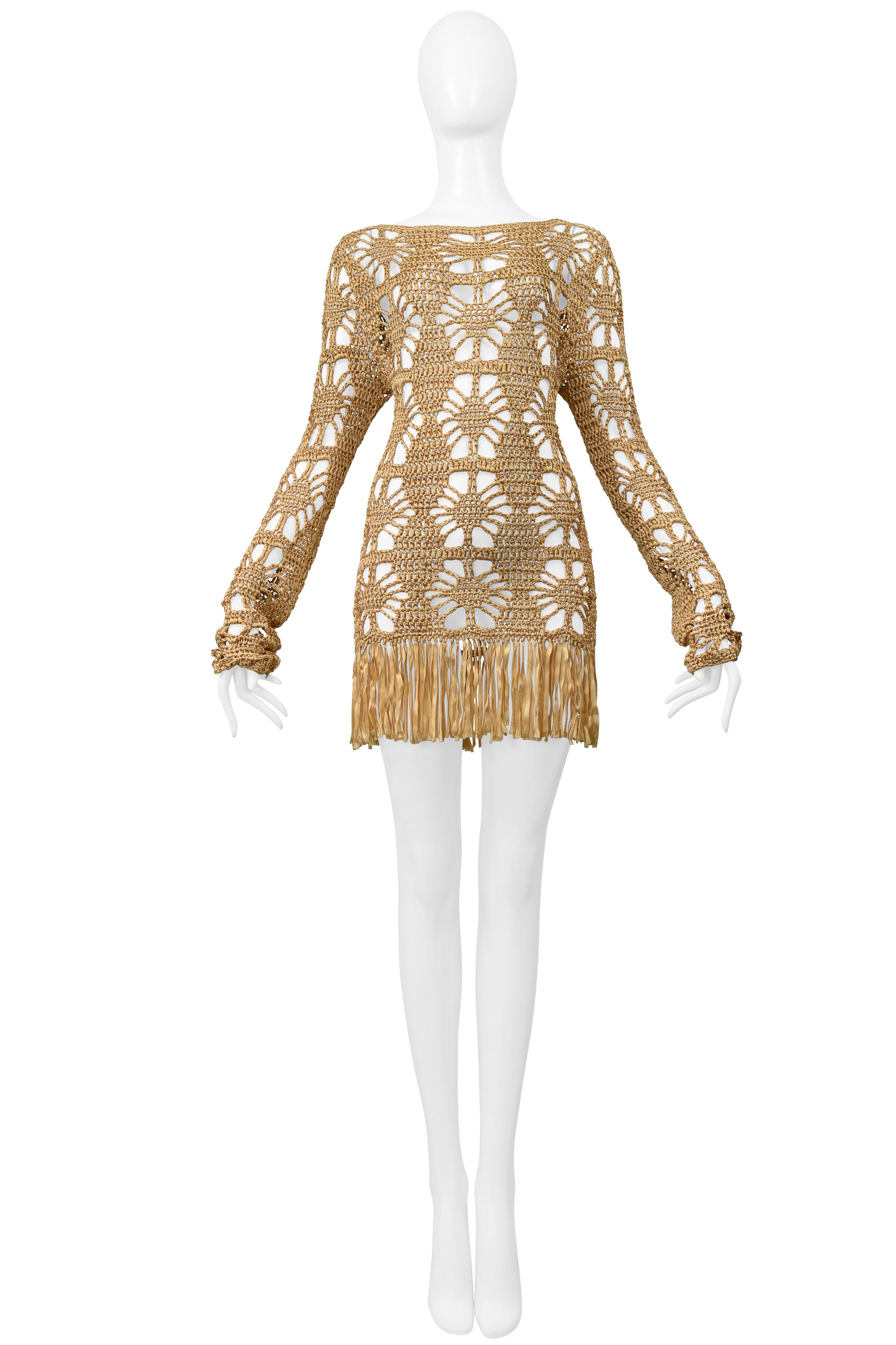 Anna Molinari Gold Ribbon Mini Dress With Fringe In Excellent Condition In Los Angeles, CA
