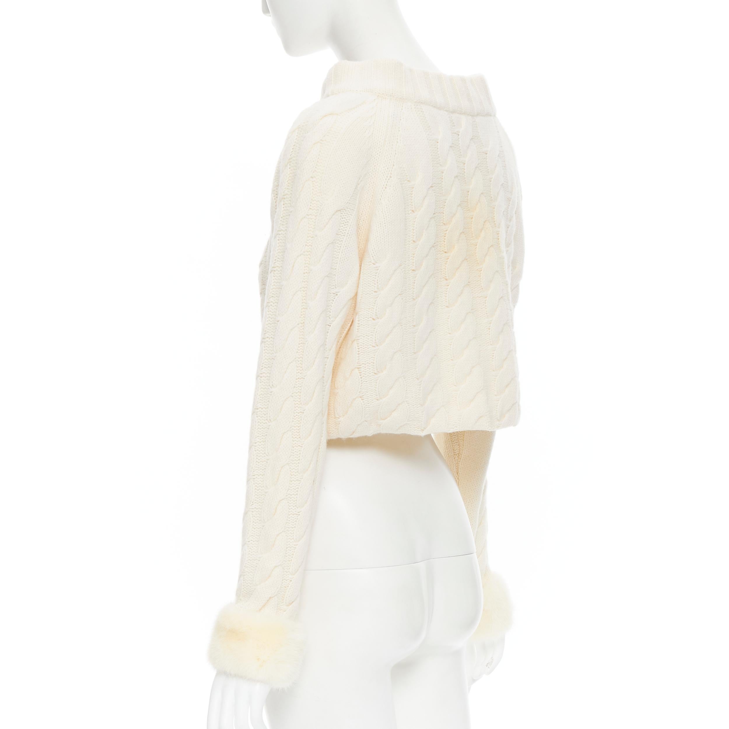 ANNA MOLINARI wool angora cream cable knit crystal fur cuff cardigan IT40 S In Good Condition For Sale In Hong Kong, NT